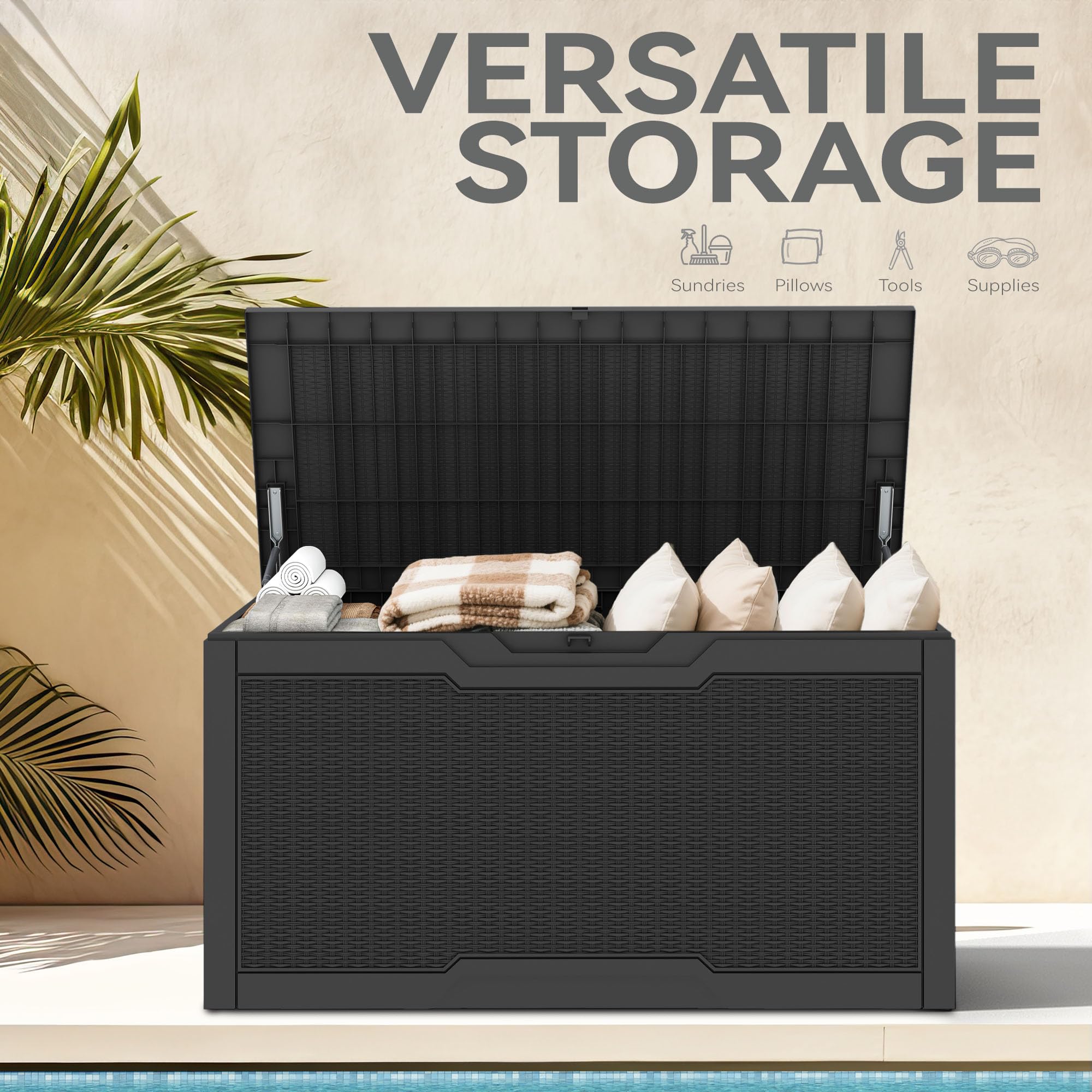DWVO Scatola portaoggetti da giardino per esterni, 380 l, 115,4 x 55 x 58,3 cm, effetto rattan, contenitore in resina per cuscini, accessori da piscina, scarpe, impermeabile, bloccabile in modo sicuro