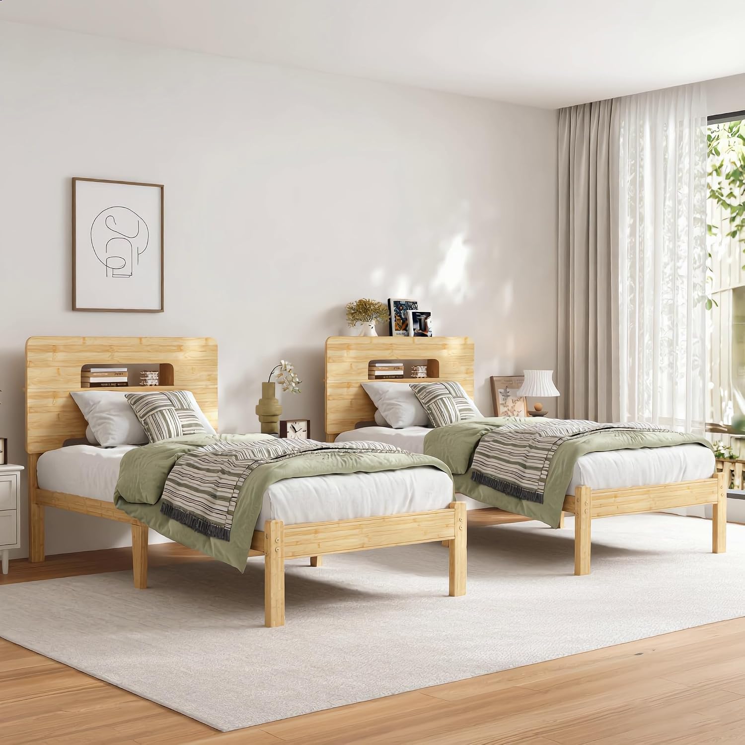 Askeld Wood Twin XL Bed Frame with Storage Shelf Headboard, 12 Inch High Bamboo Platform Bed No Box Spring Needed, Mid-Century Heavy Duty Bedframe, Easy Assembly, Noise Free