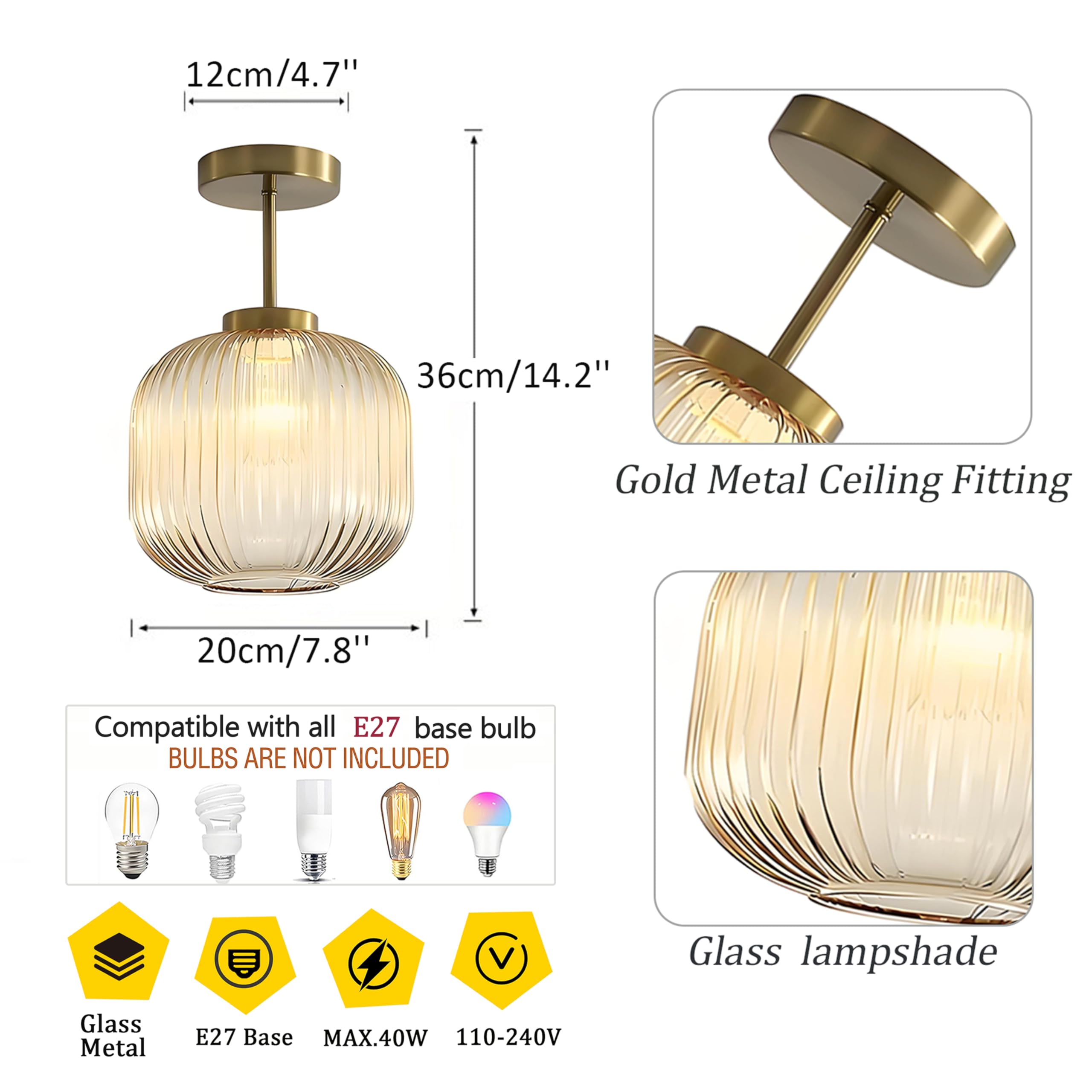 EKSED Plafonnier Vintage en Verre, Lampe de Plafond E27 en Verre Strié, Lampe Suspendue avec Base en Métal Laiton Doré pour Chambre Couloir Entrée Cuisine (Ambré)