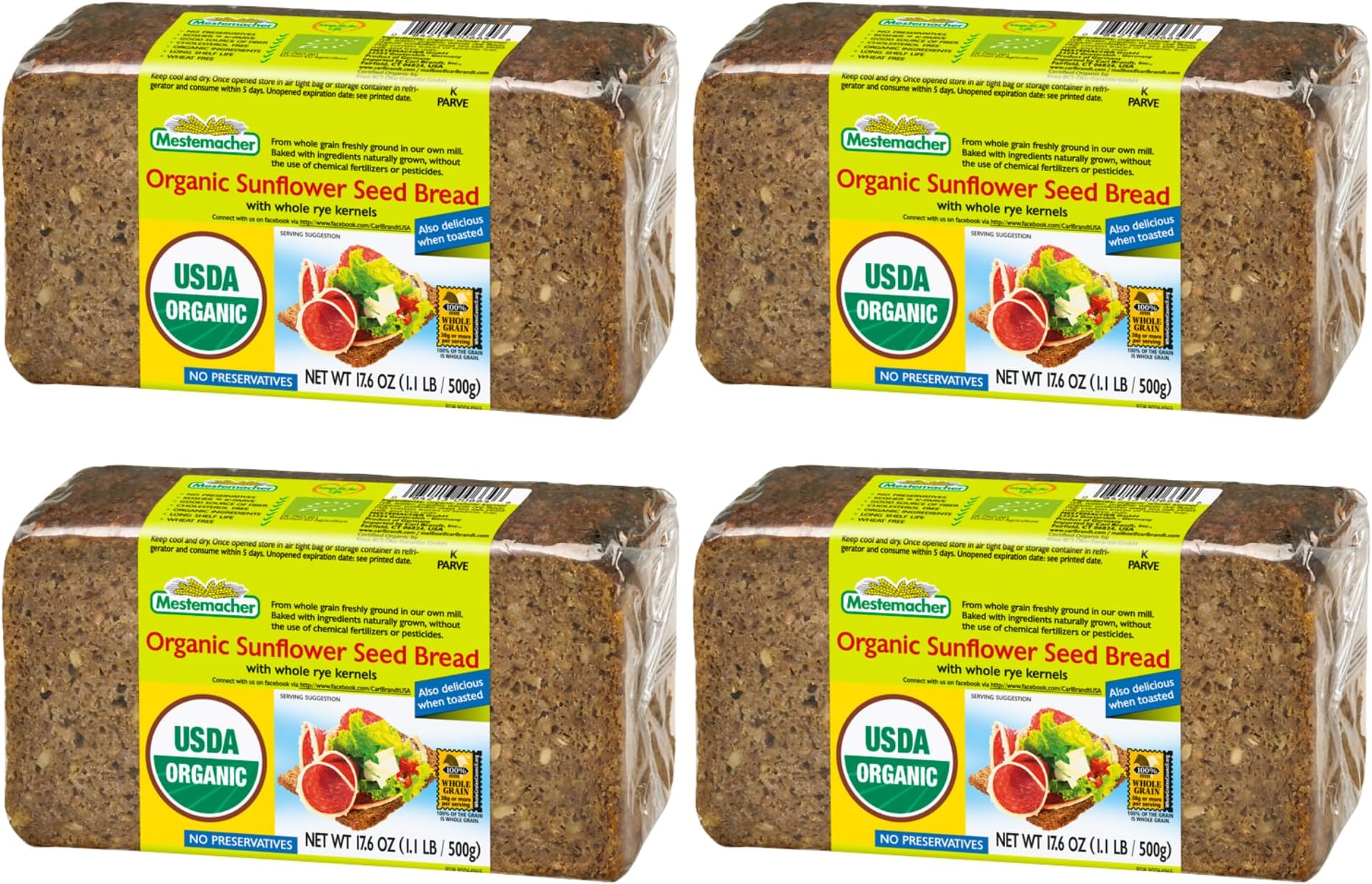 Mestemacher Organic Sunflower Seed Bread, Authentic German Whole Grain Rye Bread, USDA Organic, High Fiber, No Preservatives, Shelf Stable German Bread, 17.6 Oz [Pack of 4]