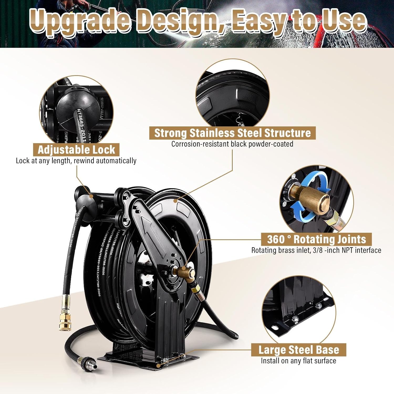 Power Washer Hose Reel - Steel Heavy Duty Garden Hose Reel - 4000 PSI, Double Arm Auto Rewind, for Factory Floors, Garages Cleaning