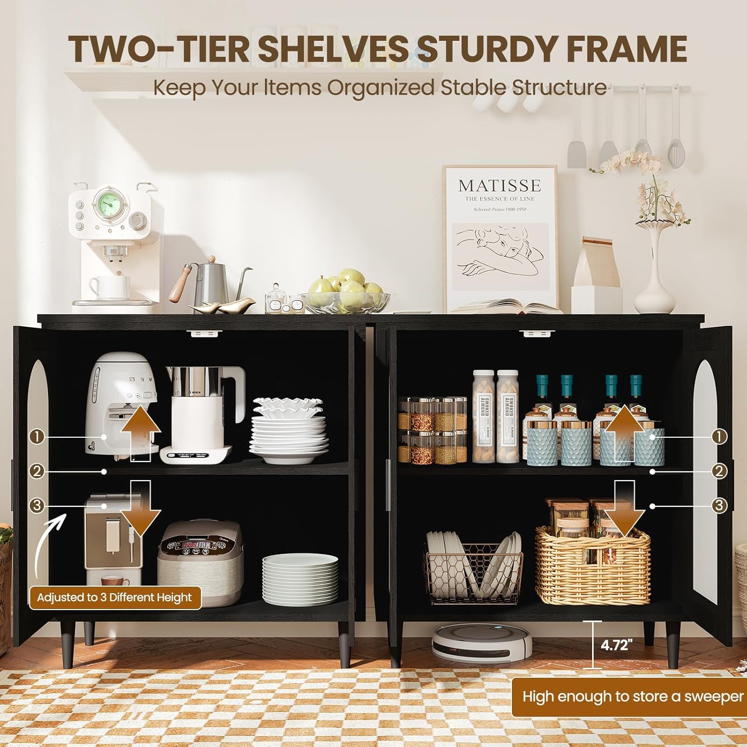 Black Rattan Sideboard Cabinet – Adjustable 2-Tier Storage, Sturdy Wood Legs, Modern Console Table for Entryway, Hallway, Dining Room, Living Room – Accent Furniture – Color: Black