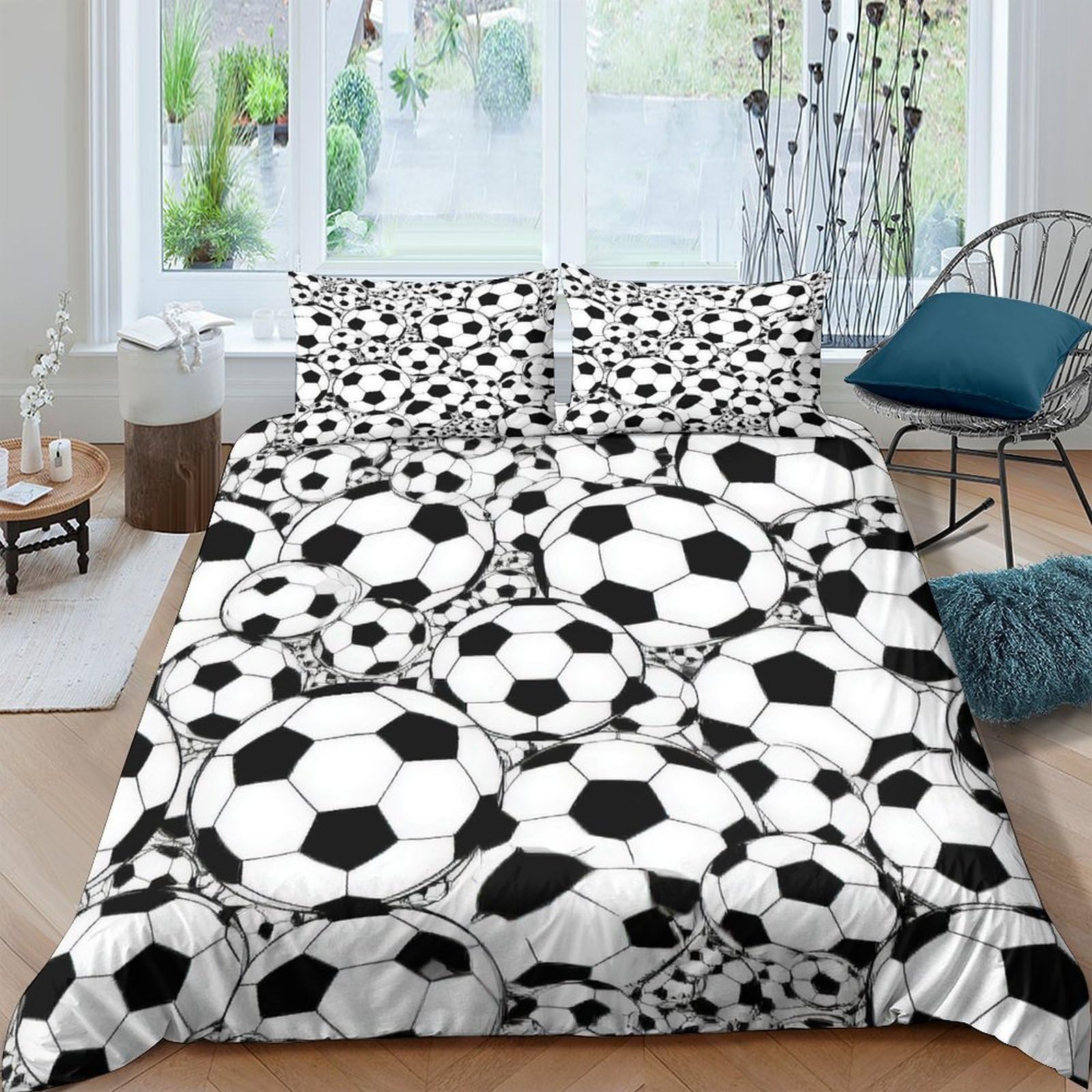 GPLZQXKJNH 3D Printed Football Soccer Ball Duvet Cover Set Microfiber Breathable with 2 Pillowcases for Bedroom Decor, Single（135x200cm）
