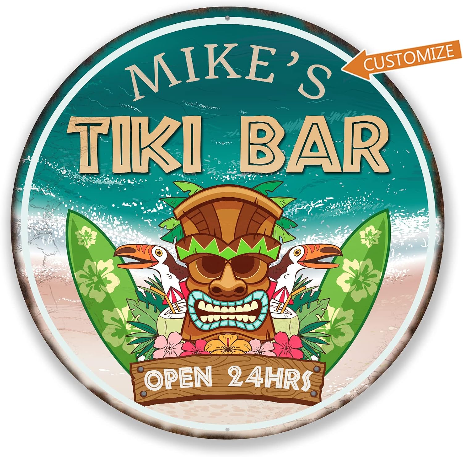 Personalized Tiki Bar Sign, Beach Sign, Backyard Decor, Tropical Sign, Home Bar, Pool Plaque, Hot Tub, Barbeque, Made in USA 14" 100140050012