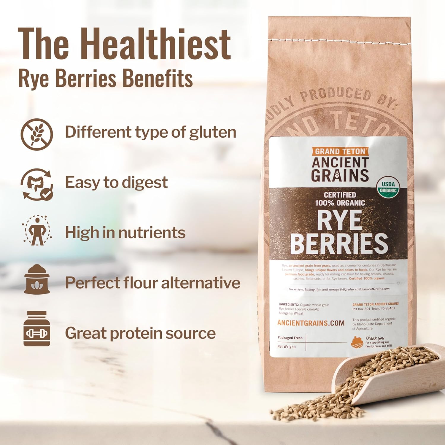 Grand Teton Ancient Grains - 100% USDA Organic Rye Berries, Rye Berry Grain, Rye Grain Organic Excellent for Sprouting, Rye Grain for Milling into Flour for Baking, Plastic-Free Paper Bag, 5lbs