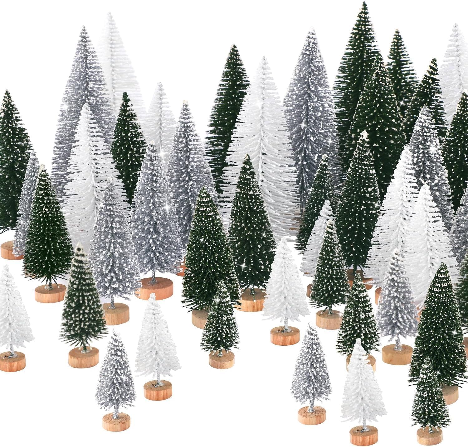 30Pcs Mini Christmas Tree Decor, Artificial Christmas Tree 5 Sizes, Mini Christmas Trees with Wooden Base for Christmas Decor Christmas Party Home Table Craft Decorations (Green,silver,white)