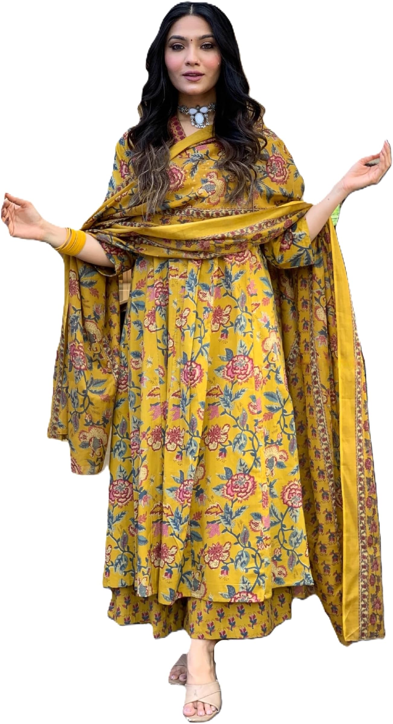 Women's Pure Cotton Block Printed Kurta Set with Palazzo Pants & Dupatta - Ethnic Wear, Yellow