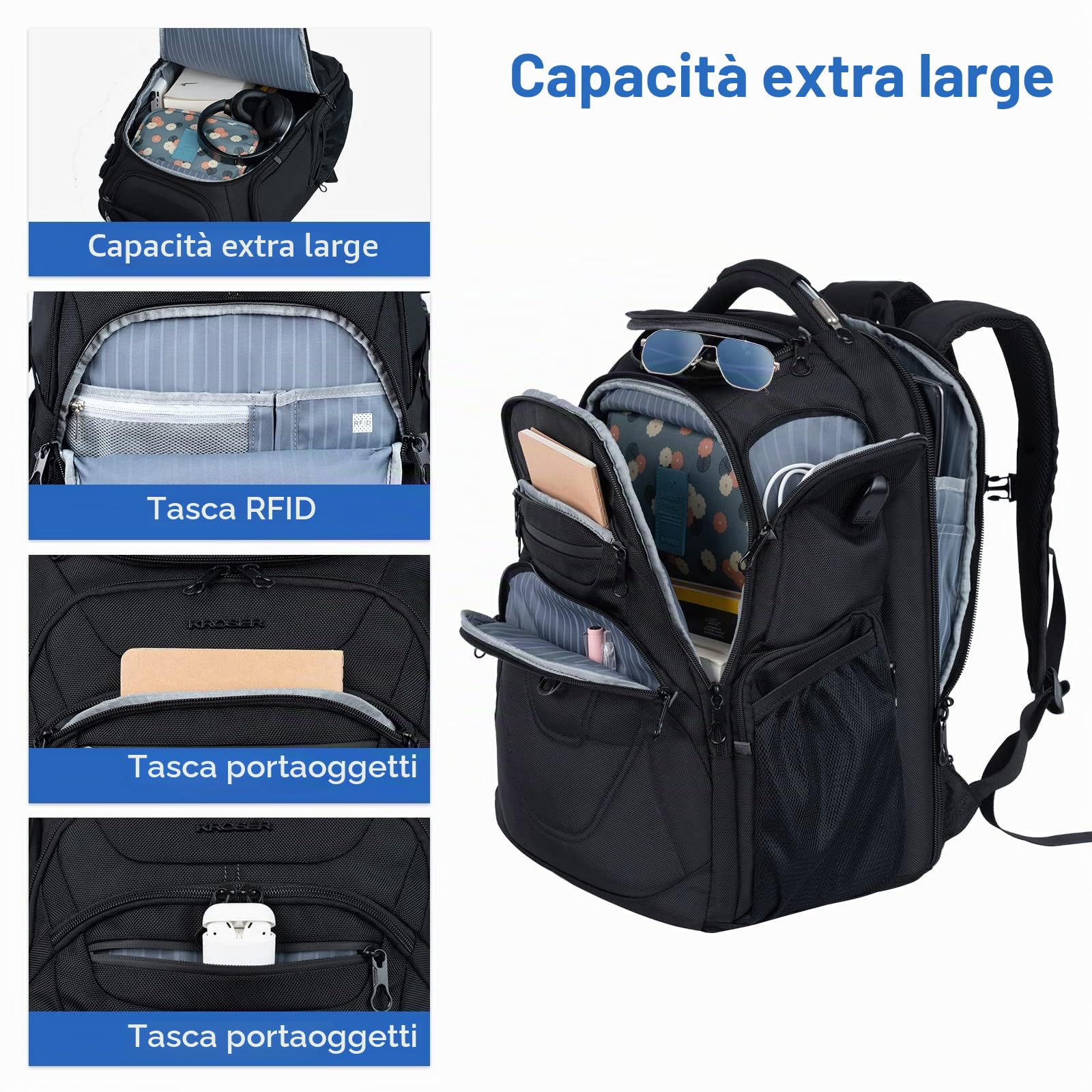 KROSER TSA Friendly - Zaino da viaggio per computer portatile, 17,3 pollici, Nero e grigio., 18.4 inch, Zaini Daypack