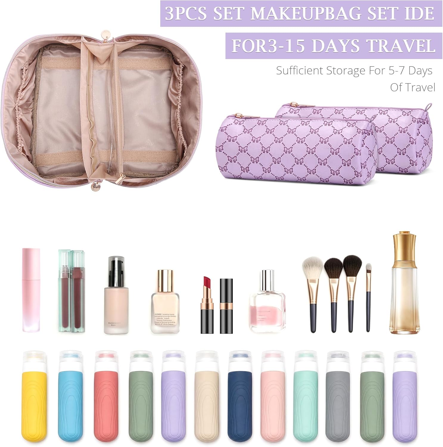 Travel Makeup Bags for Women: Luxury Bow Print, 3 Pcs Set | Waterproof leather ,Large Capacity, 3-15 Day Travel Toiletry Organizer, Comes with Gift Box