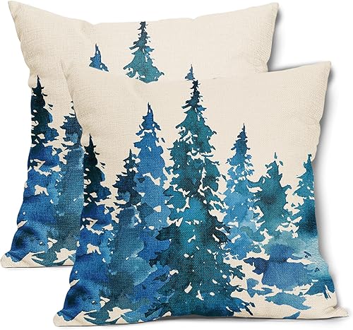 Miniatura 1 de Juego de 2 fundas de almohada con diseño de árbol de acuarela azul, verde azulado y verde azulado, de 18 x 18 pulgadas, con temática natural,