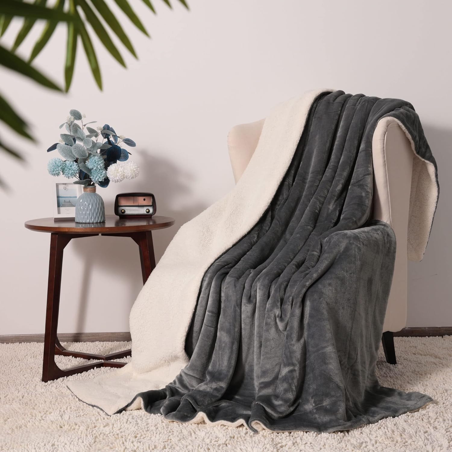 NANPIPER King Size Sherpa Blanket, Soft Fleece Throw for Bed, Reversible Thick Fuzzy Blanket for Winter (Grey, 90x108 inches) - Image 2