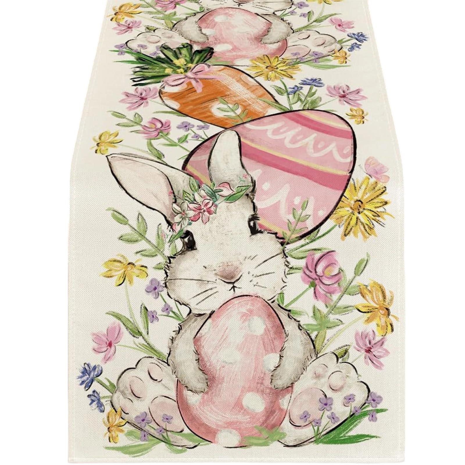 Jazuaiao Table Scarf Easter Rabbits Eggs Pattern Rectangular Washable Table Runner for Spring Decorations and Home Styling Farmhouse Linen Easter Eggs Bunnies Tablecloth Washable Rectangular Runner