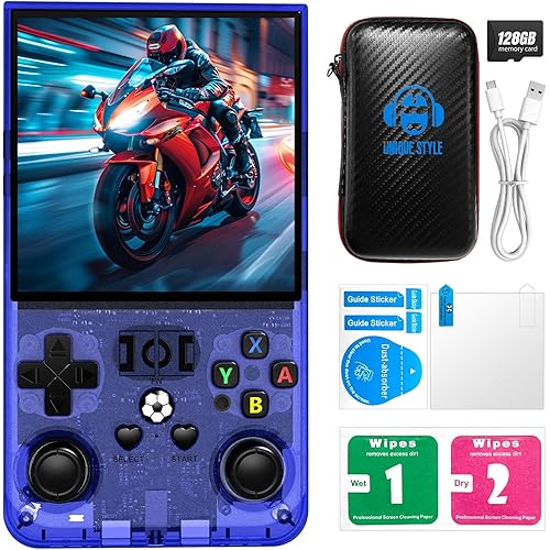 R36MAX Retro Handheld Game Console, 4.0-Inch IPS Display, 720x720 Resolution, Linux System, 64GB Support 18,000+ Classic Games, 4000mah Battery, with Portable Case(Blue)