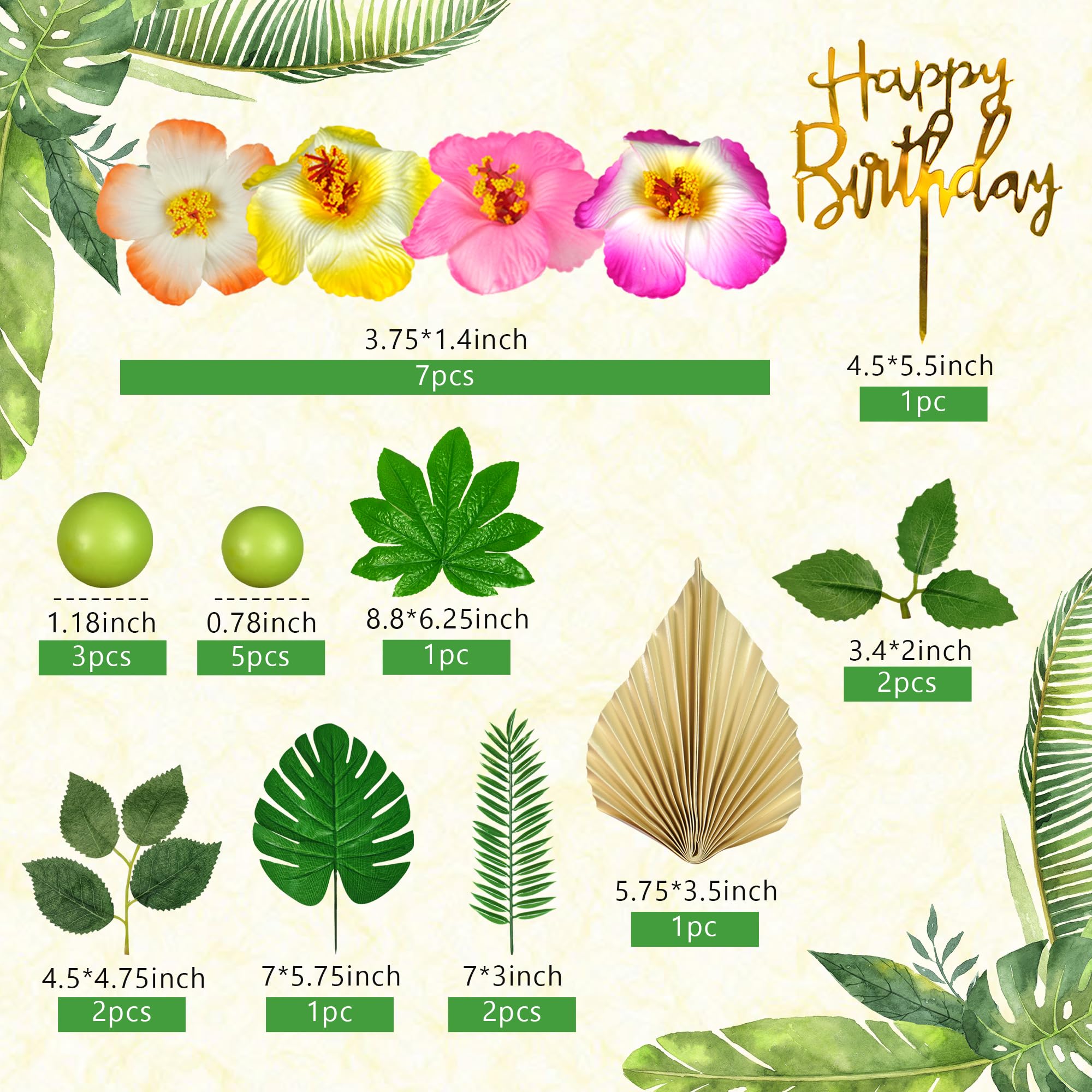 25 PCS Flower Cake Topper Hawaiian Cake Decorations with Palm Leaves Hibiscus Flowers Balls for Hawaii Aloha Jungle Summer Theme Wedding Birthday Baby Shower (Multicolour)