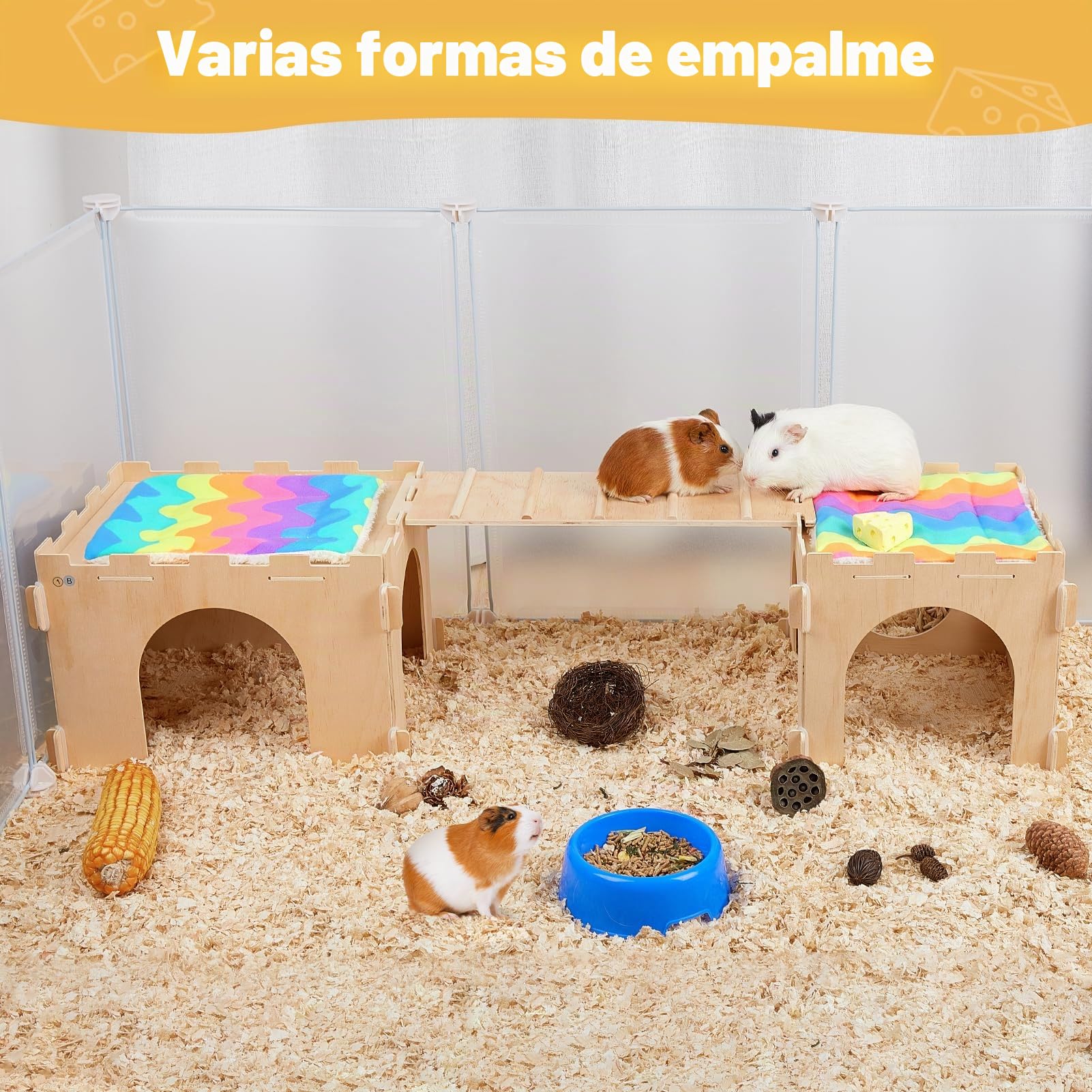 Casita de Madera para Cobayas, Casa Refugio para Pequeños Animales con Rampa y Varias Puertas