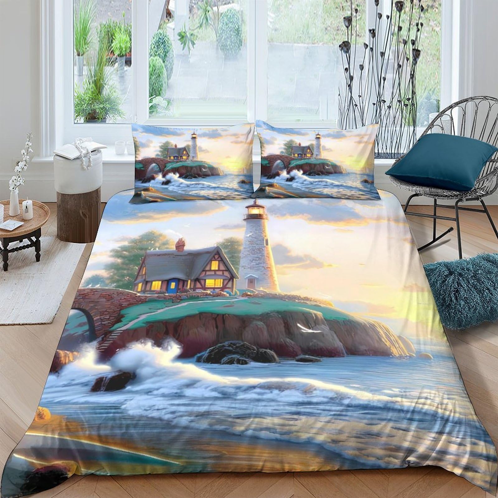 Ctjqhvkz Style-4 3D Printed Lighthouse Ocean Fitted Sheet Microfiber Soft Waves Bed Sheet Coastal Bedroom Decor Mattress Cover Single（135X200cm）