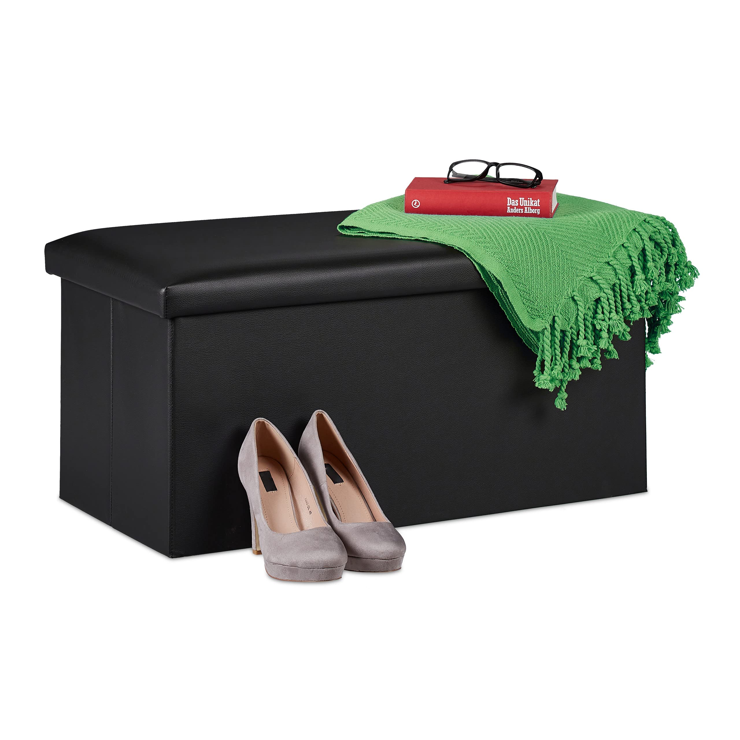 Relaxdays Panca con Contenitore, in Similpelle, Pieghevole, Imbottito, per Corridoio, HxLxP: 37,5x76,5x38,5 cm, Nero