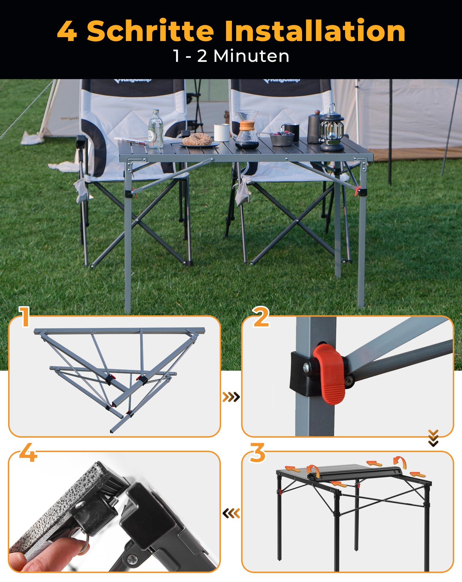 KingCamp Campingtisch Klappbar, bis 80 kg,107 x 70cm, für 4-6 Personen