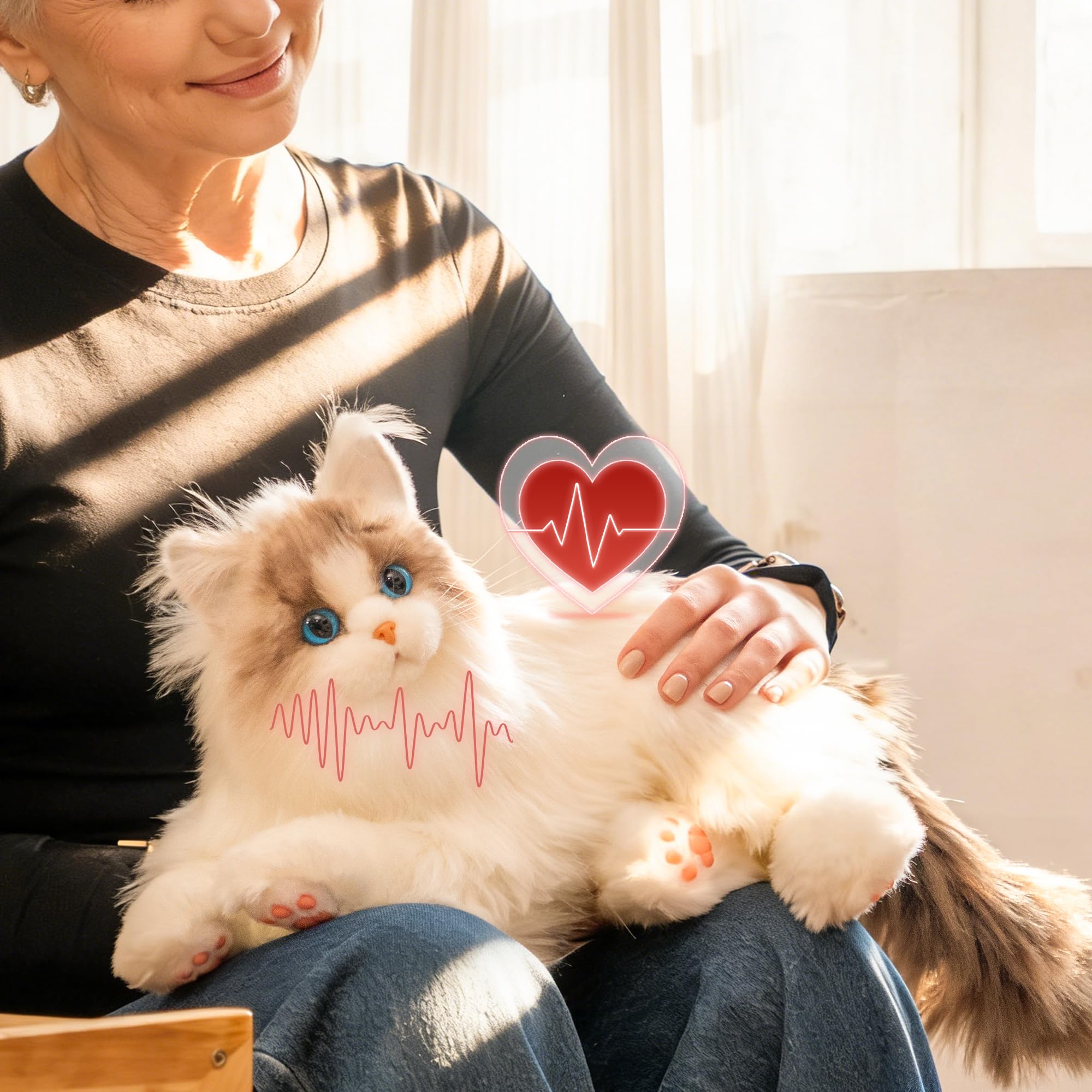 Chongker Roboterkatze | Interaktiver Elektronische Katze, Beschwertes Kuscheltier mit Geräuschreaktion | Realistischer Herzschlag & Schnurren | Lebensechter Plüschfreund zum Kuscheln (Weiß)
