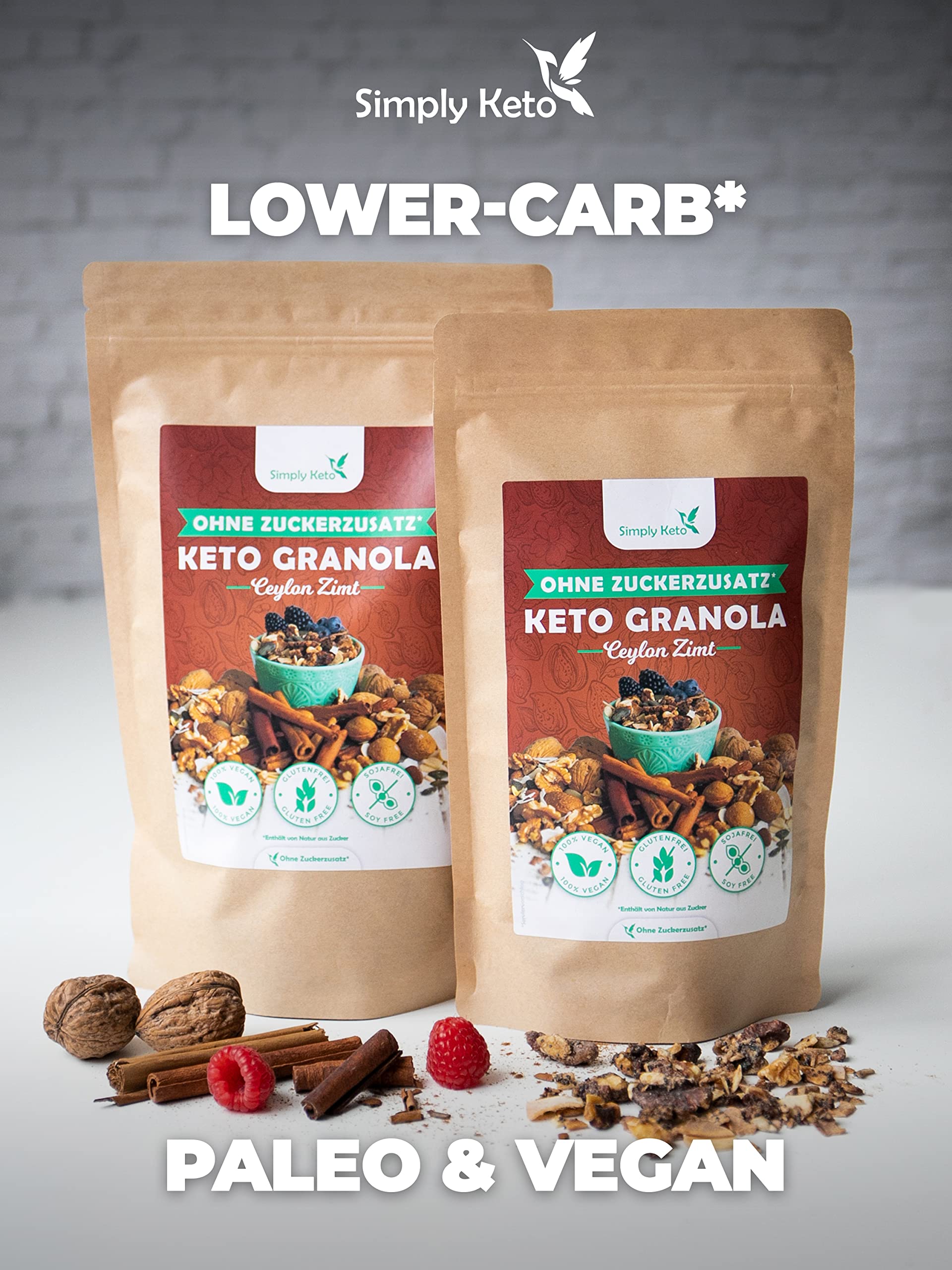 Simply Keto Muesli Crujiente Canela - Muesli Bajo en Carbono sin Azúcar - 500g Delicioso Muesli Keto para un Desayuno Perfecto - Paleo y Vegano - Sin Soja, Lactosa y Gluten - 500g