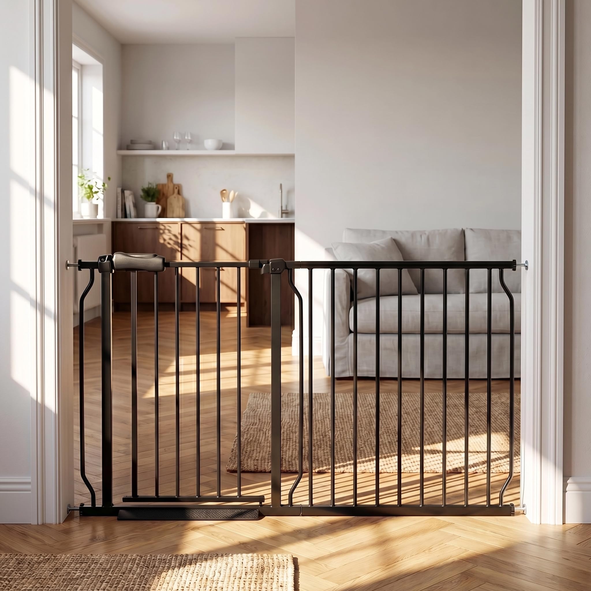 Extra Wide Baby Gate 57.5-62" Dog Gate for Doorways, Pressure Mounted No Drill Safety Gate for Kitchen, Hallways, White/Black Metal Pet Gate for Dogs