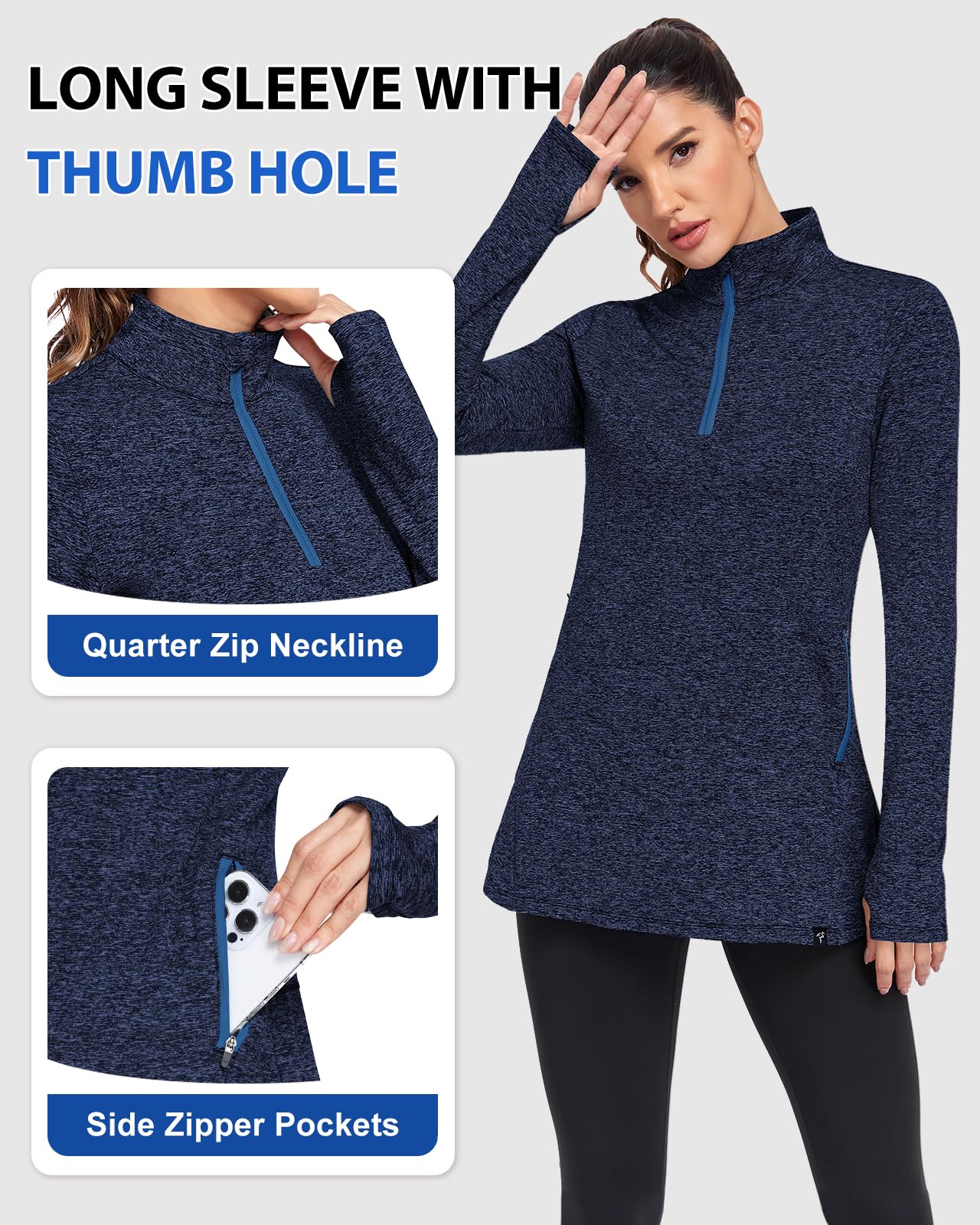 Soneven Fleecepullover Damen Sport Thermo Sweatshirt Winter Laufshirt Langarm Funktionsshirt 1/4 Zip mit Daumenloch Taschen Fleece Sportshirt Lang Outdoor Wandern