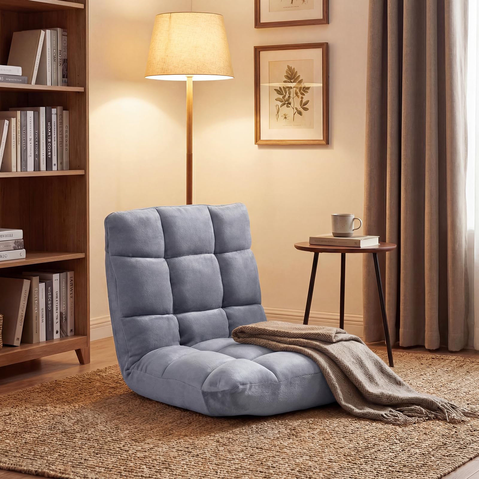 SOARS Fauteuil de Sol Pliable, Chaise de Méditation Canapé Paresseux Convertible avec Dossier Réglable 14 Positions, Mousse Haute Densité, en Velours Coral pour Lecture, Salon (Gris)
