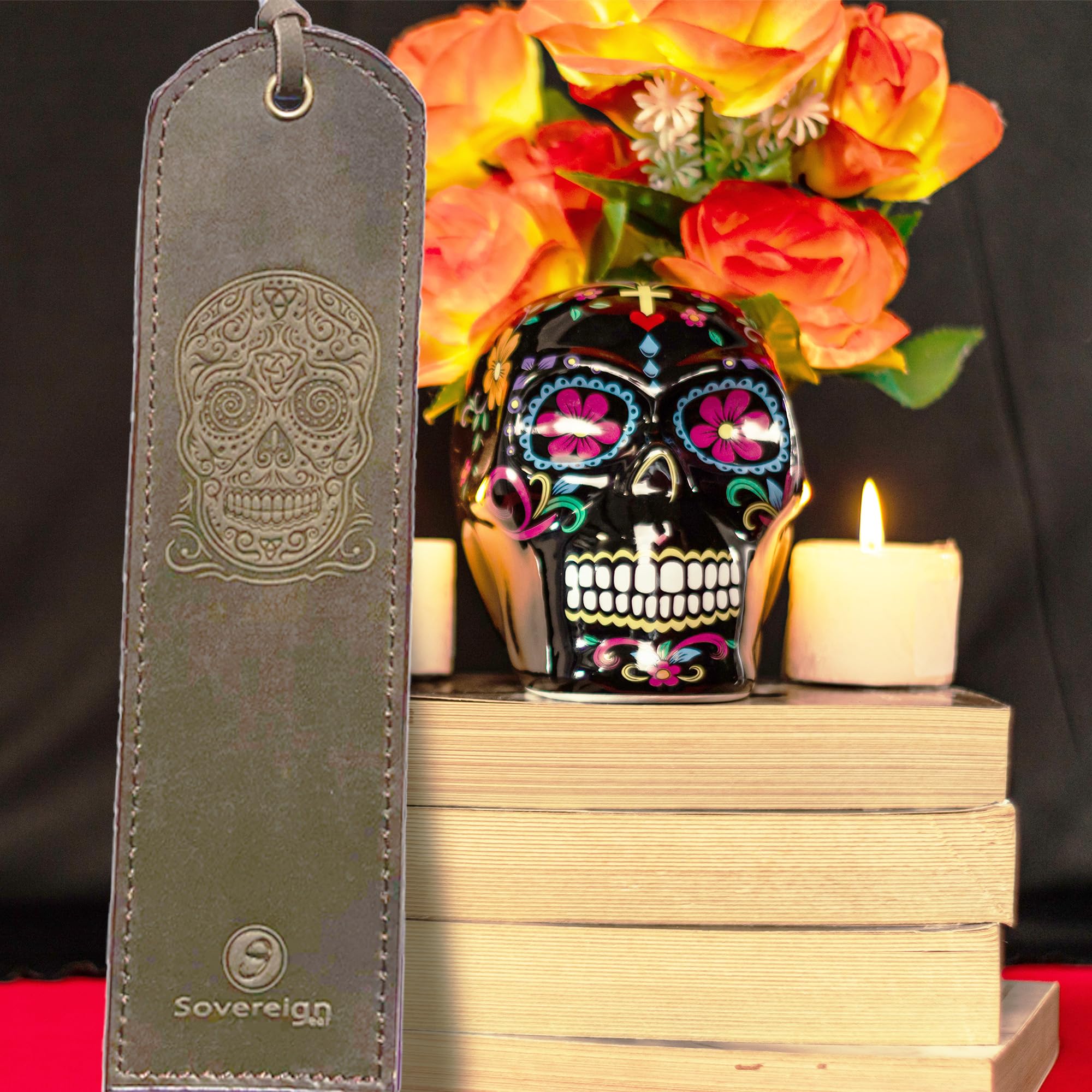 Leather Bookmark Handmade with Sugar Skull Design - 2 Genuine Leather Book Marks for Reading - Unique Bookmarks for Men Women Girls - Image 2