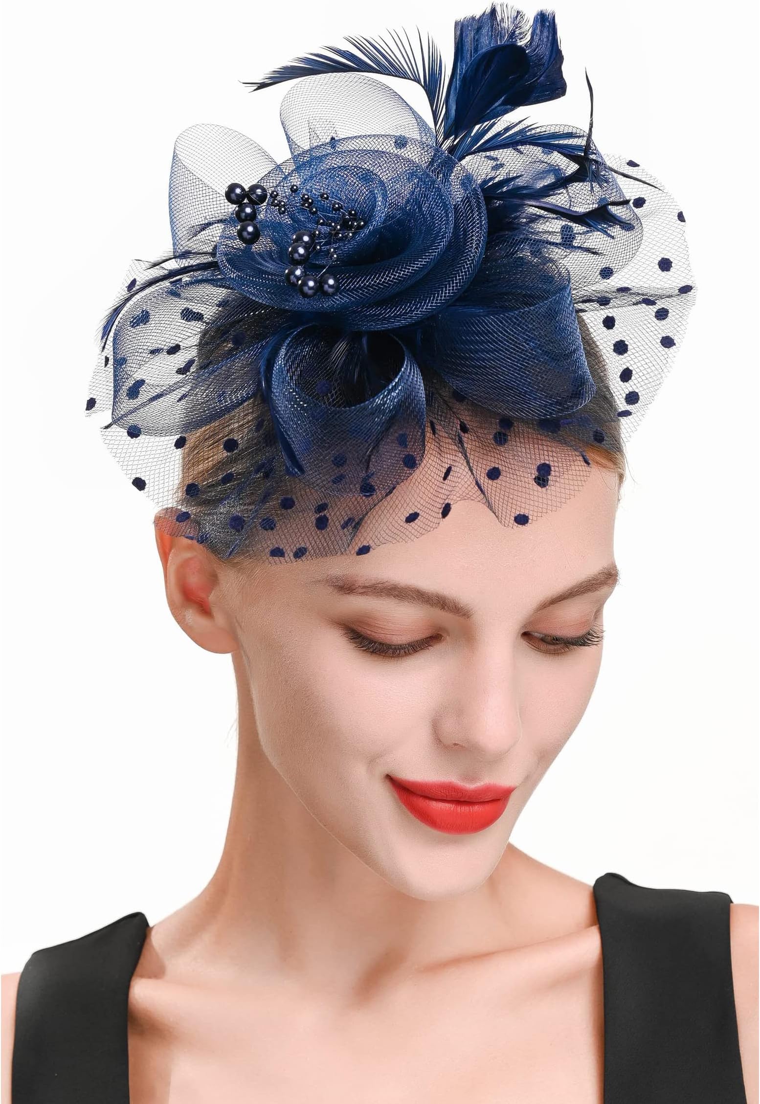Excefore Fascinators Hat Flower Mesh Ribbons Feathers on a Headband and a Clip Tea Party Headwear for Girls and Women (Dark blue)