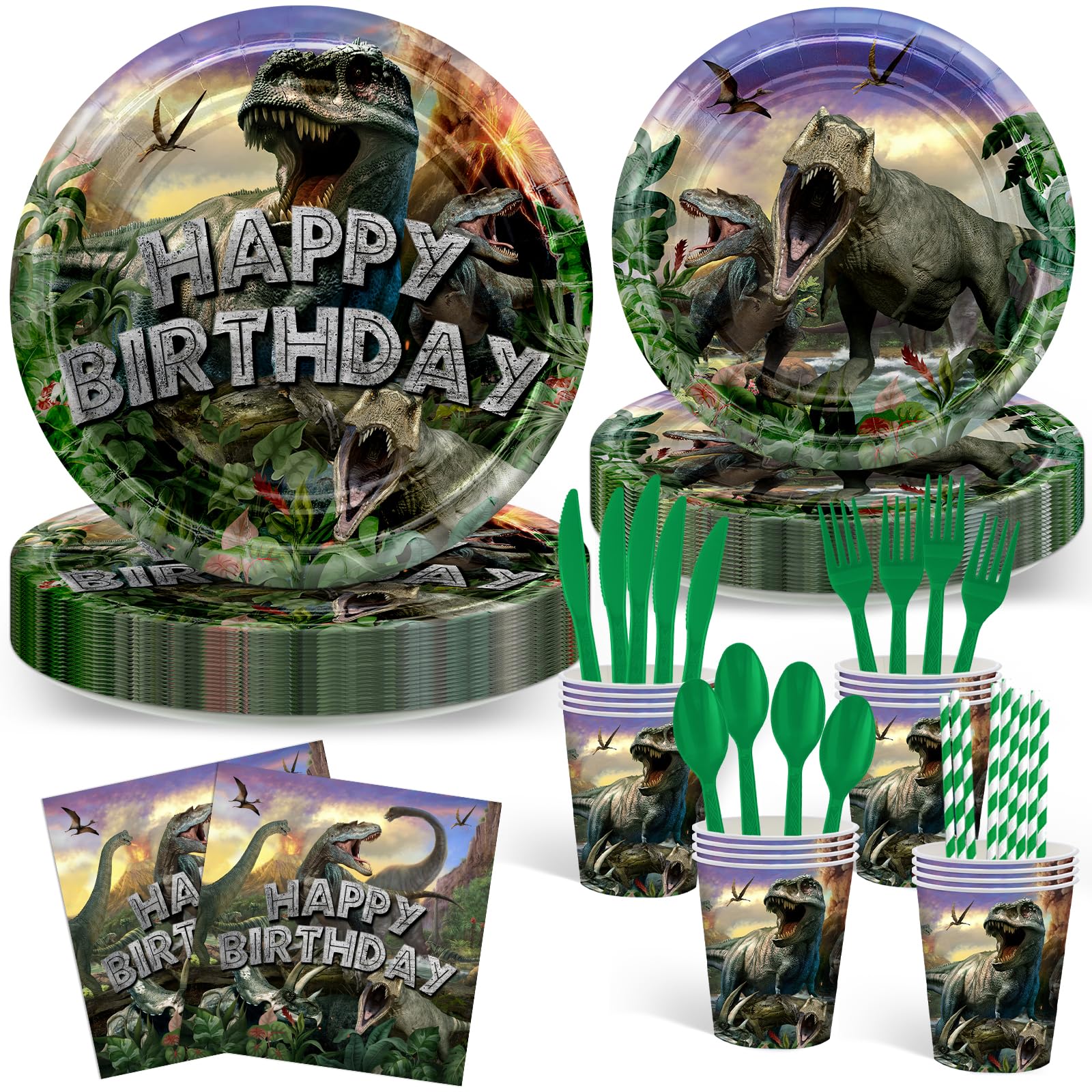 Avezano 192 Pcs Dinosaur Birthday Party Supplies Jurassic Dinosaur Plates and Napkins for Birthday Party Dinosaur Theme Birthday Party Decoration for