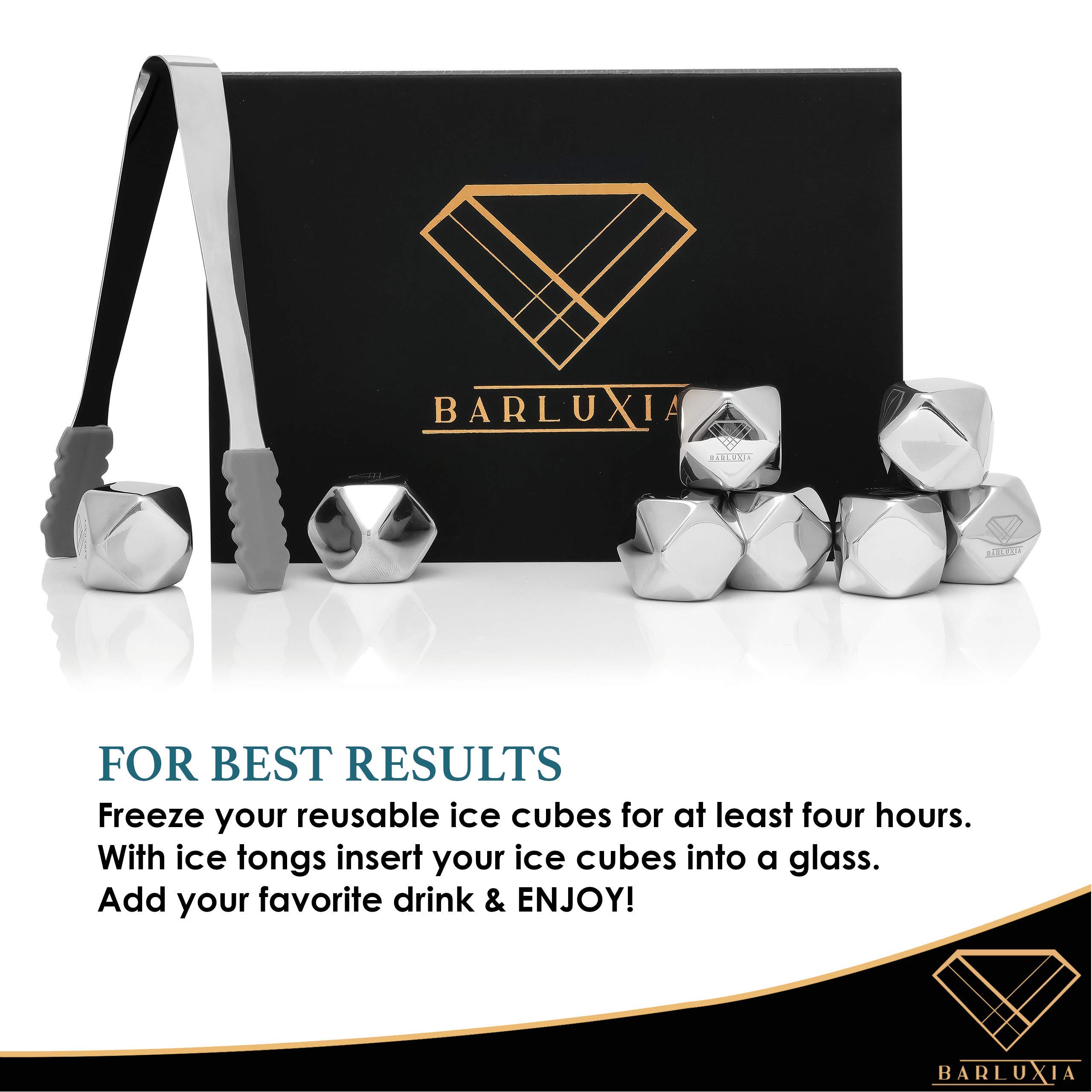 Barluxia Stainless Steel Ice Cube Gift Set of 8 Polygon Reusable Metal Ice Cubes, Ice Tongs & Storage Tray - Whiskey Rocks/Chilling Stones for Whiskey, Wine, Cocktails or any Drinks