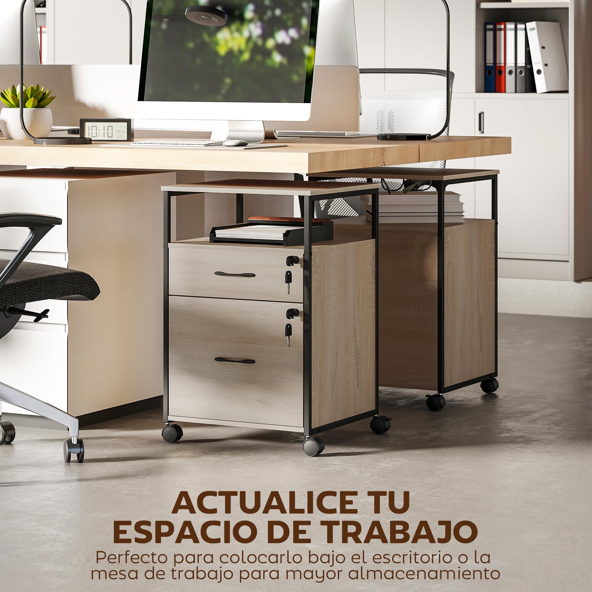 Vinsetto Cassettiera per ufficio con 2 cassetti, cassetto per scrivania con ruote, barra appendiabiti, serratura e 2 chiavi per lettere A4, schedario mobile per studio, 44x40x66,5 cm, naturale