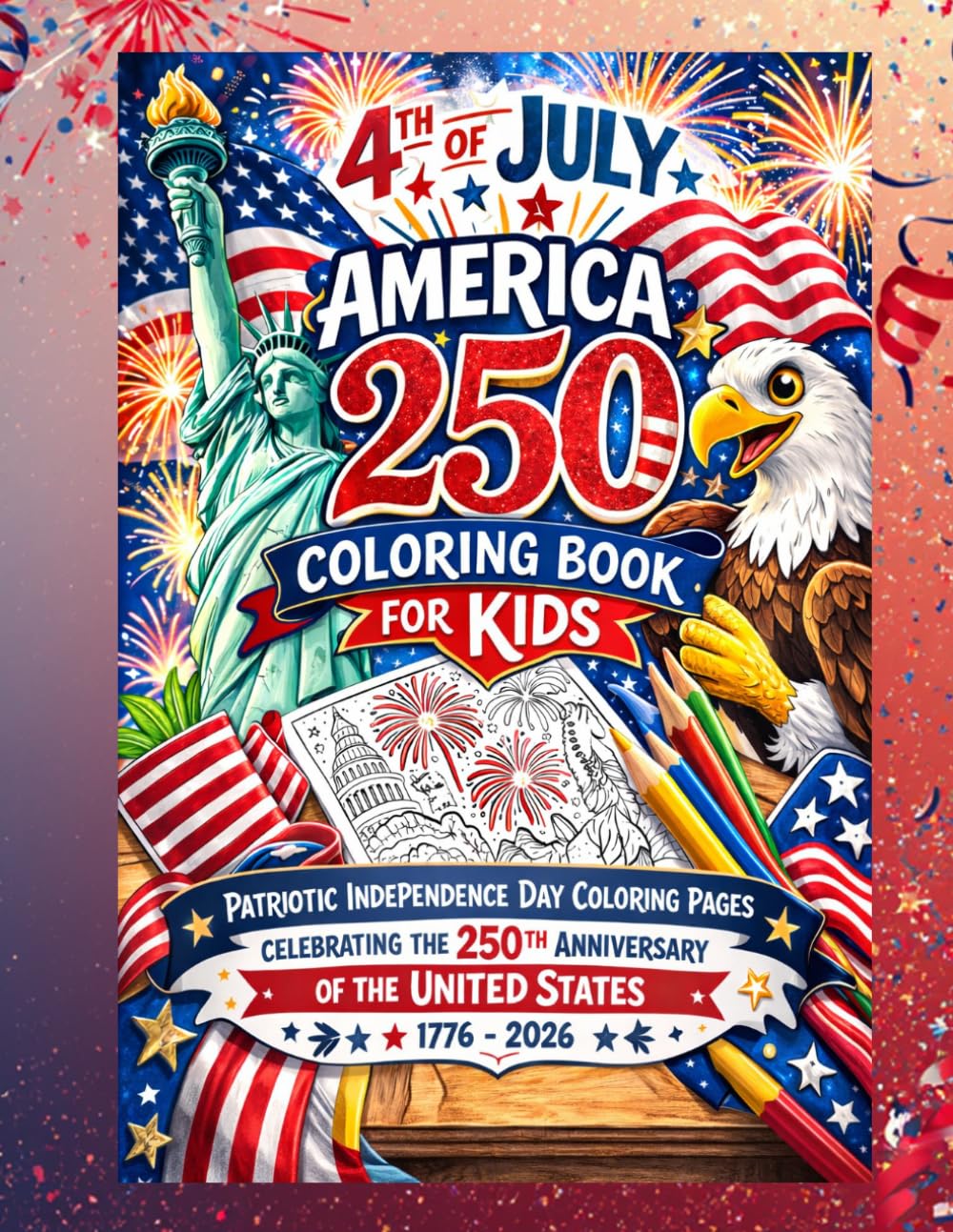 4th of July America 250 Coloring Book for Kids: Patriotic Independence Day Coloring Pages Celebrating the 250th Anniversary of the United States ... Flags, Eagles, Fireworks & USA Symbols