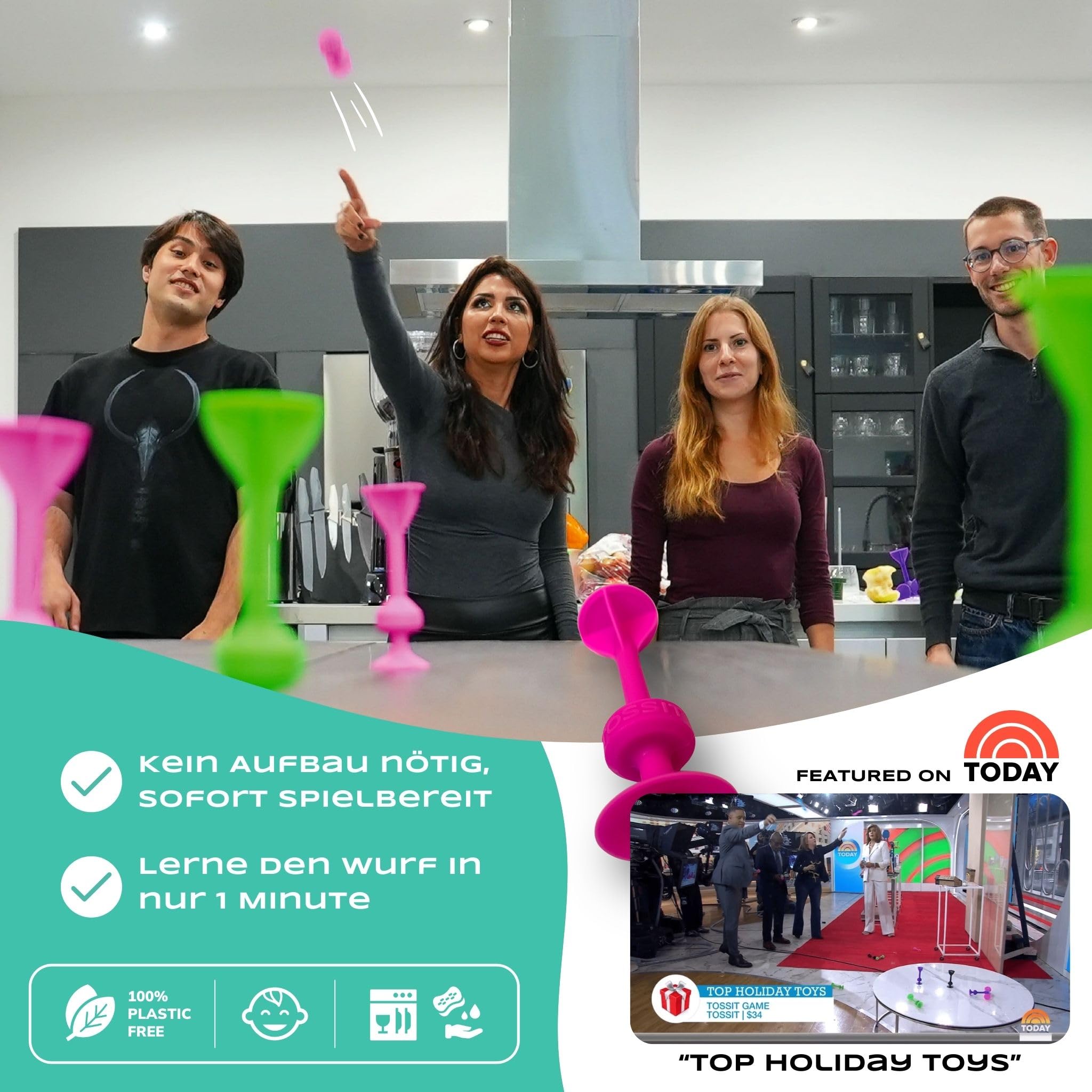 TOSSIT Spiel Saugnapf Darts, Indoor Outdoor Drinnen Draußen, Boccia, Petanque, Wurfspiel, Nachhaltig langlebig Silikon, Boden oder Wand, 8 Farben, Party Pack, Rot Cyan Rosa Blau Violett Grün Blau Gelb