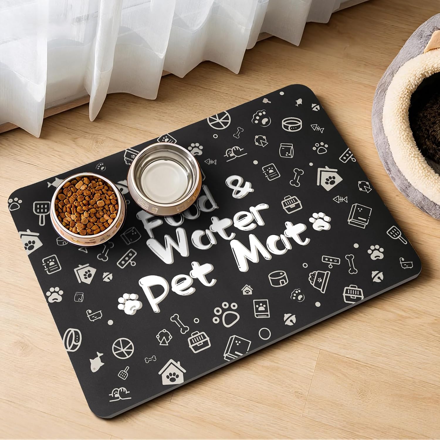 Pet Feeding Mat,Dog Cat Mat for Food and Water,Dog Bowl Waterproof Placemat with Rubber Backing,Absorbent Quick Dry Water Dispenser Mat for Pet（Dark Gray 16"×24"）