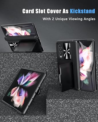 Vihibii for Samsung Galaxy Z Fold 3 5G Case with Hinge Protection, Built-in Card Holder & Kickstand & Slide Camera Cover & Screen Protector, Multifunction Case for Samsung Galaxy Z Fold3 (Black)