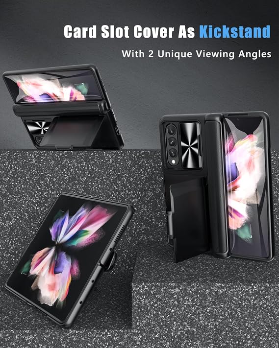 Vihibii for Samsung Galaxy Z Fold 3 5G Case with Hinge Protection, Built-in Card Holder & Kickstand & Slide Camera Cover & Screen Protector, Multifunction Case for Samsung Galaxy Z Fold3 (Black)
