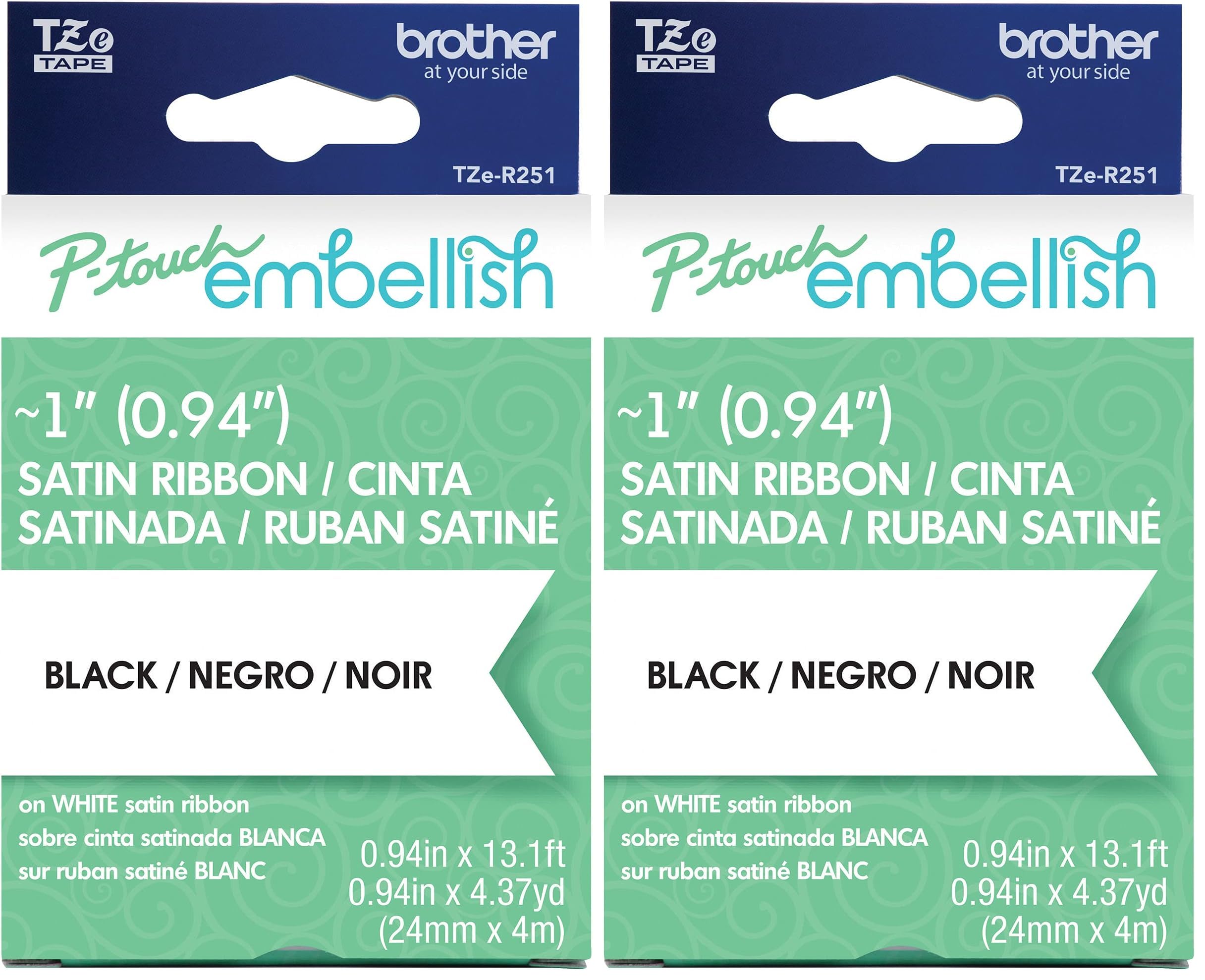 Brother P-Touch Embellish Black Print on White Satin Ribbon TZE-R251 - ~1"" Wide x 13.1’ Long (24mm x 4m/4.37 yds) (TZER251) (Pack of 2)