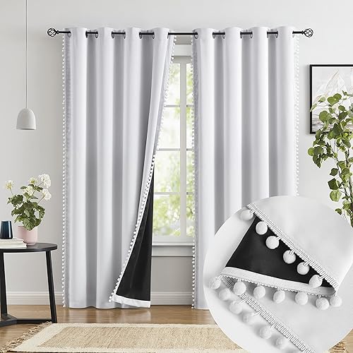 Jubilantex Cortinas opacas con pompones de aislamiento térmico de 95 pulgadas de largo, 100% oscurecimiento de la habitación, con ojales en la parte Jubilantex Cortinas opacas con pompones de aislamiento térmico de 95 pulgadas de largo, 100% oscurecimiento de la habitación, con ojales en la parte