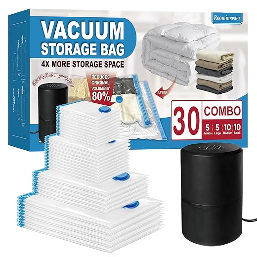 Vacuum Storage Bags with Electric Pump, 30 Combo (5Large/5Jumbo/10Medium/10Small) Space Saver Bags Vacuum Seal Bags with Pump, Space Bags, Vacuum Sealer Bags for Clothes, Comforters, Blankets, Bedding