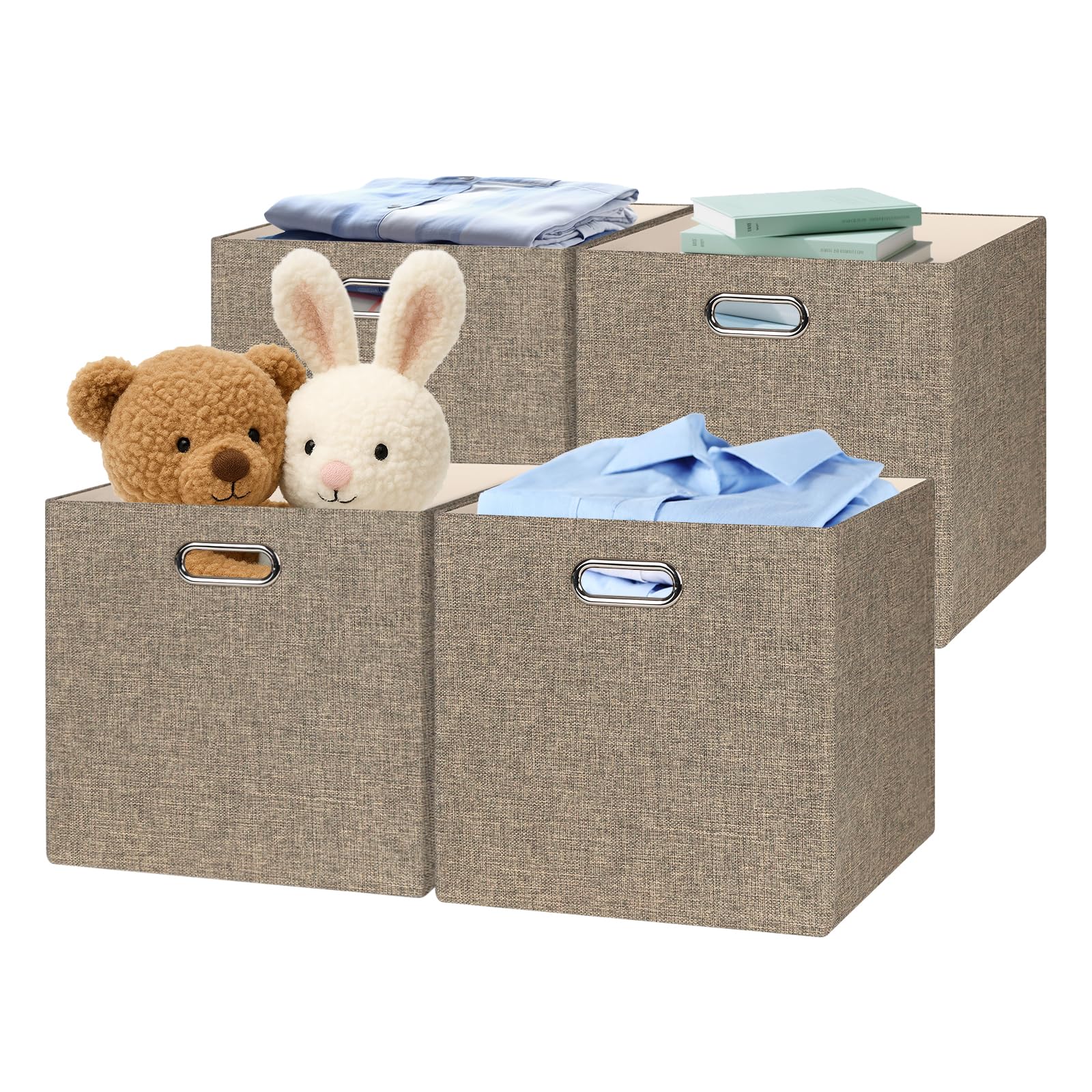 Posprica 13 x 13 Storage Cube Bins, Foldable Collapsible Fabric Storage Bins Box Linen Shelf Basket Cube Organizer for Closet with Leather Handles Light Coffee, 4 Pack