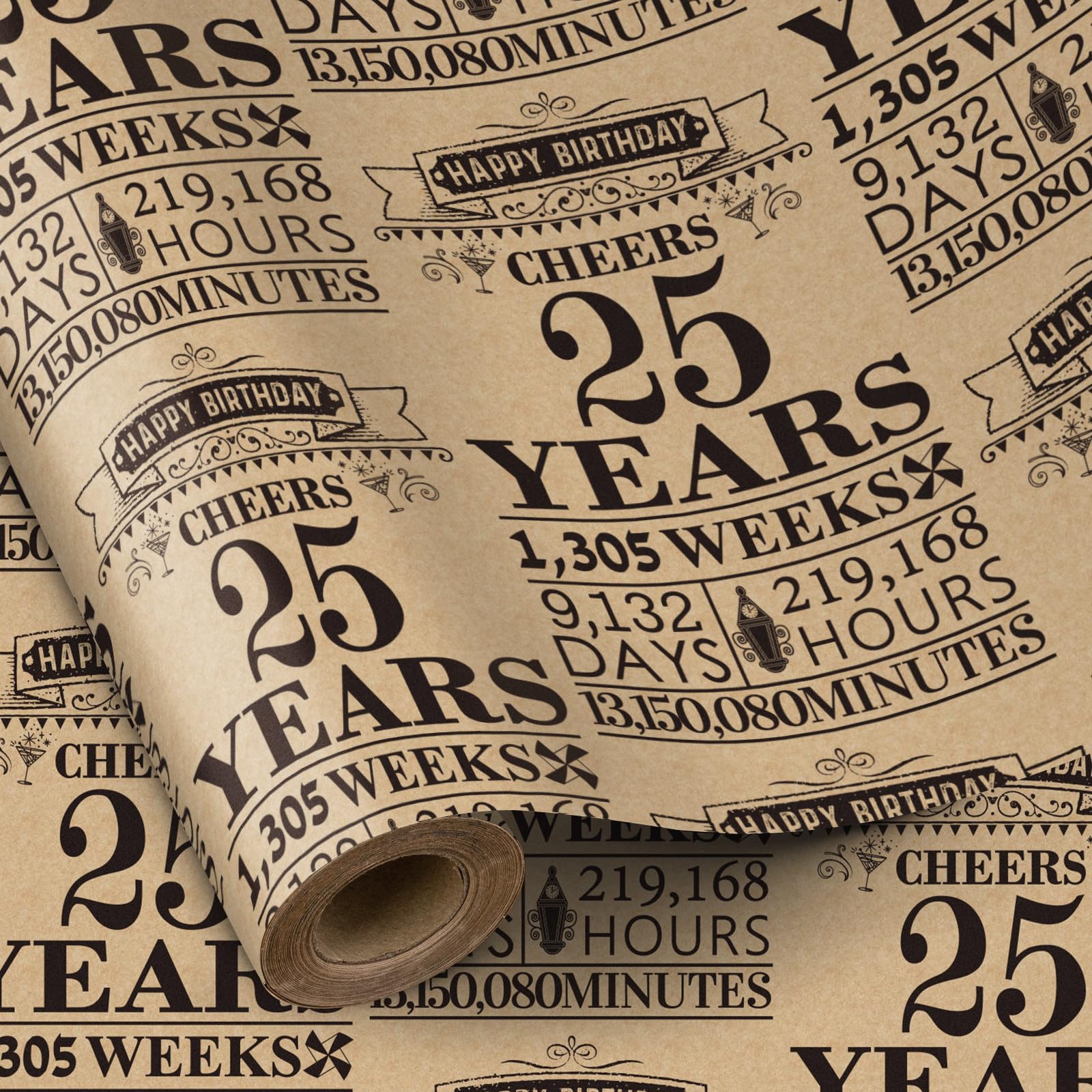 RUSPEPA Birthday Wrapping Paper Roll, Mini Roll, Black 25 Years Design Kraft Gift Wrap Paper Great for Birthday, Party, Holiday, 17 inches x 16.4 feet