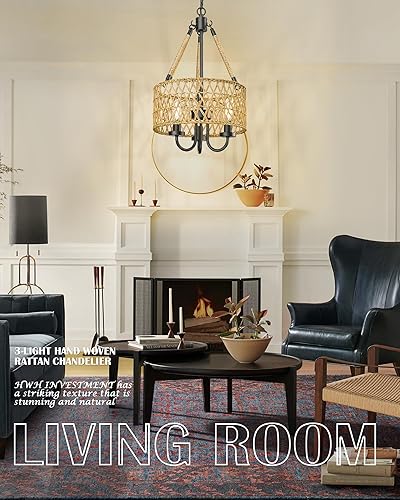 Miniatura 5 de HWH - Lámpara de araña bohemia de 3 luces, lámpara colgante de ratán de granja, accesorios de iluminación costeros grandes, lámpara de mimbre tejida