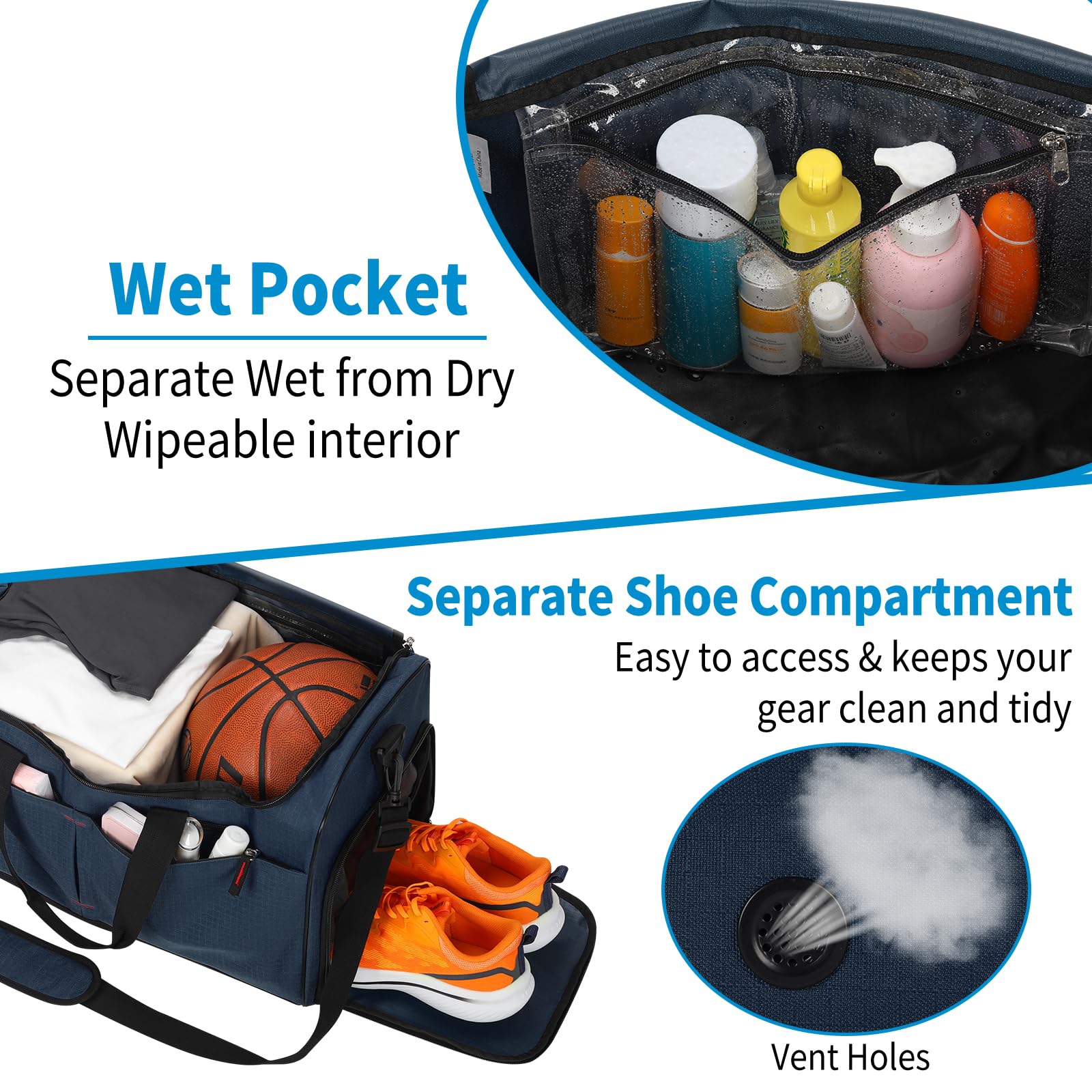 Borsa sportiva da 55 l e borsa da viaggio da uomo grande, Blu mare, Sporttasche 21 Zoll, LONALIA 55L Borsa sportiva da viaggio con scomparto per scarpe