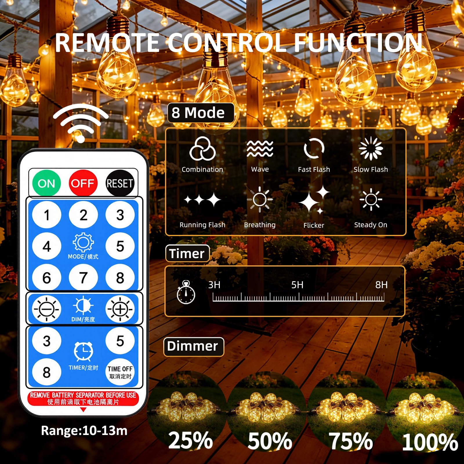 8M Guirnaldas Luces Exterior Solar con Control Remoto, con 16 LED Bombillas, Blanco Cálido, 8 Modos/Impermeables/Regulable/Sincronización, Cadena de Luce para Jardines Terraza, Fiestas, Bodas