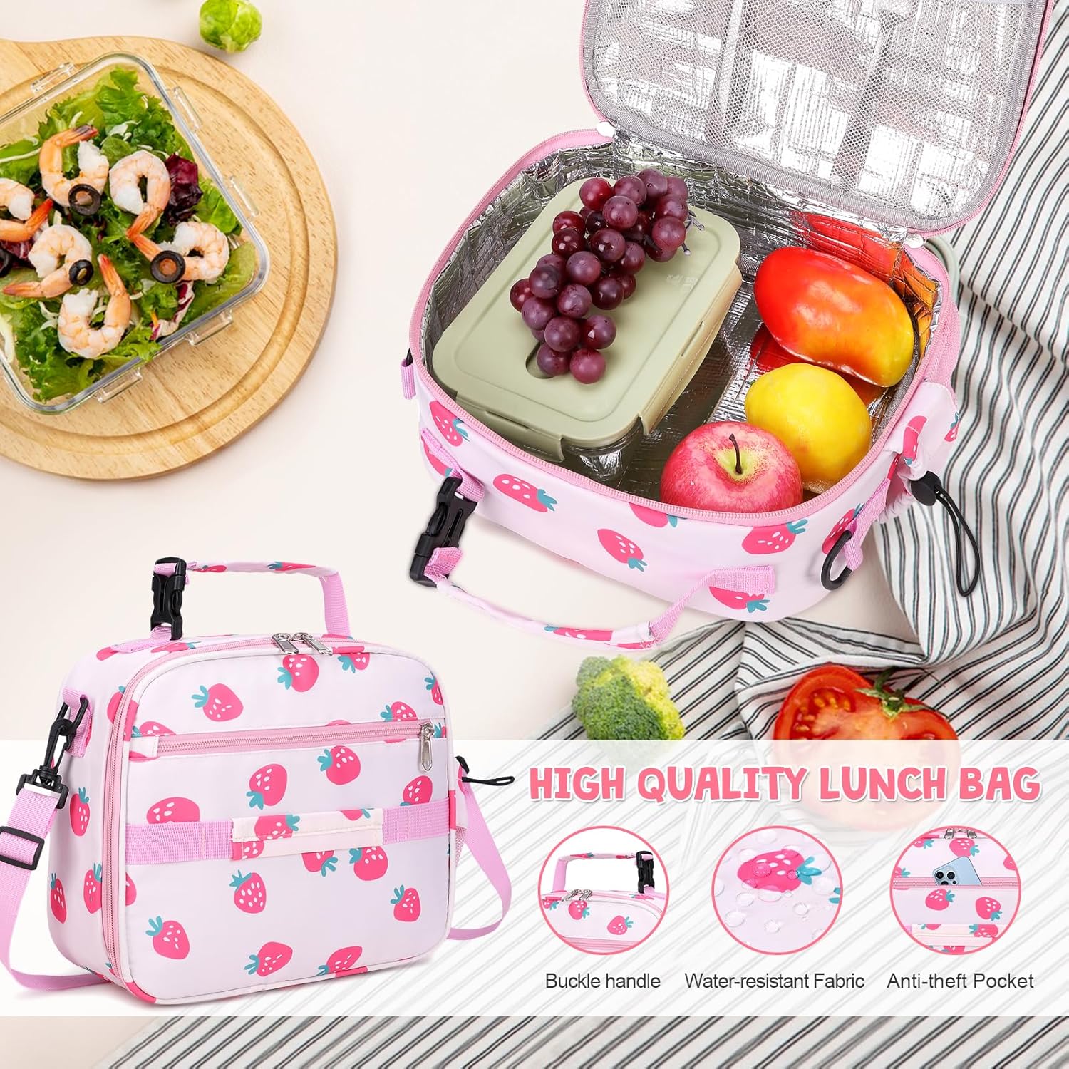 Kids Backpack for Girls, 3PCS Toddler Girls Backpack Set with Lunch Box & Pencil Case, School Bag Cute Bookbag for Preschool Kindergarten Elementary Student Ages 3-12, Beige Strawberry - Image 6