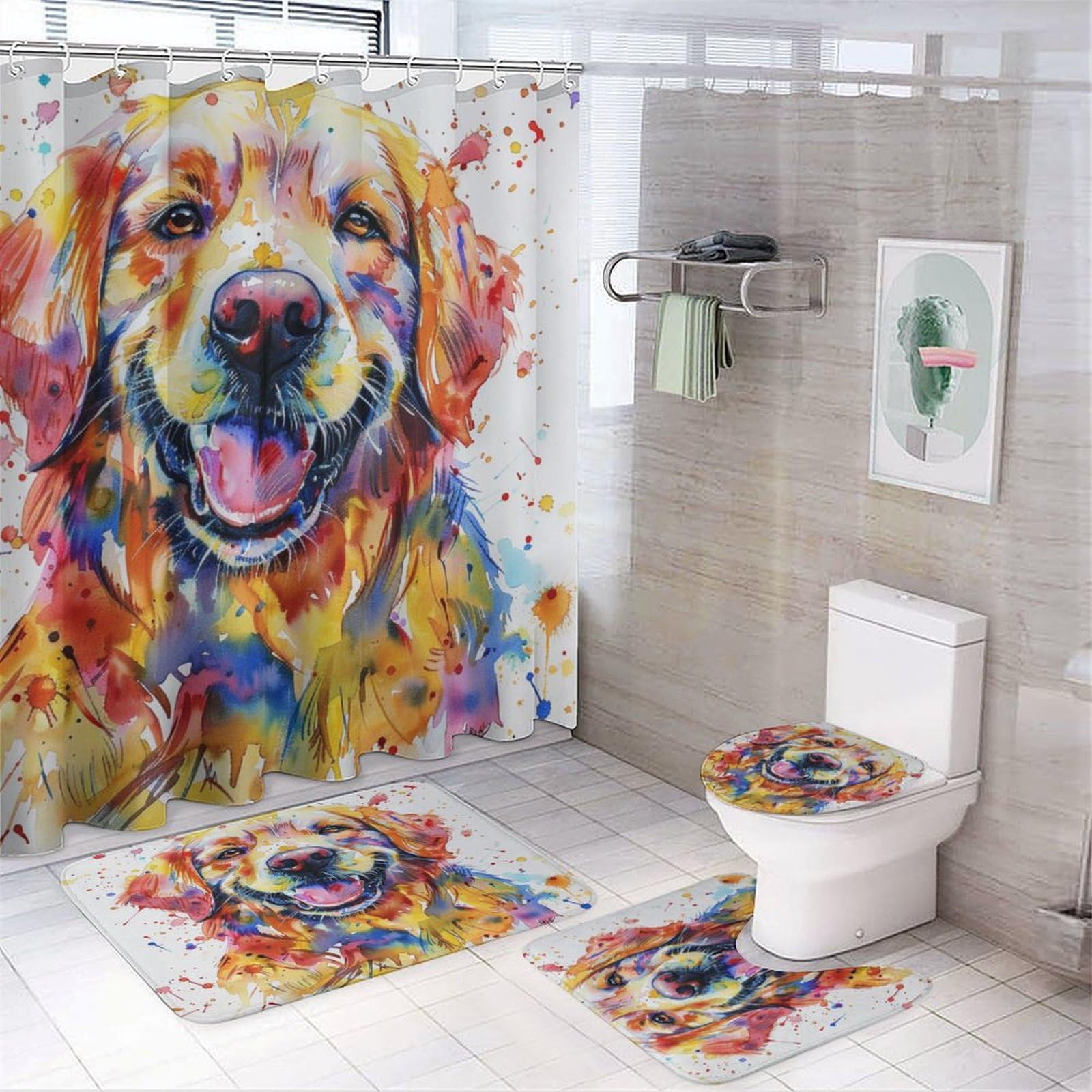 Set di 4 tende da doccia con motivo a cane e animale, con copriwater, tappetino a forma di U e tappetini antiscivolo, set di tende da doccia con simpatico Golden Retriever e acquerello, arredo bagno,