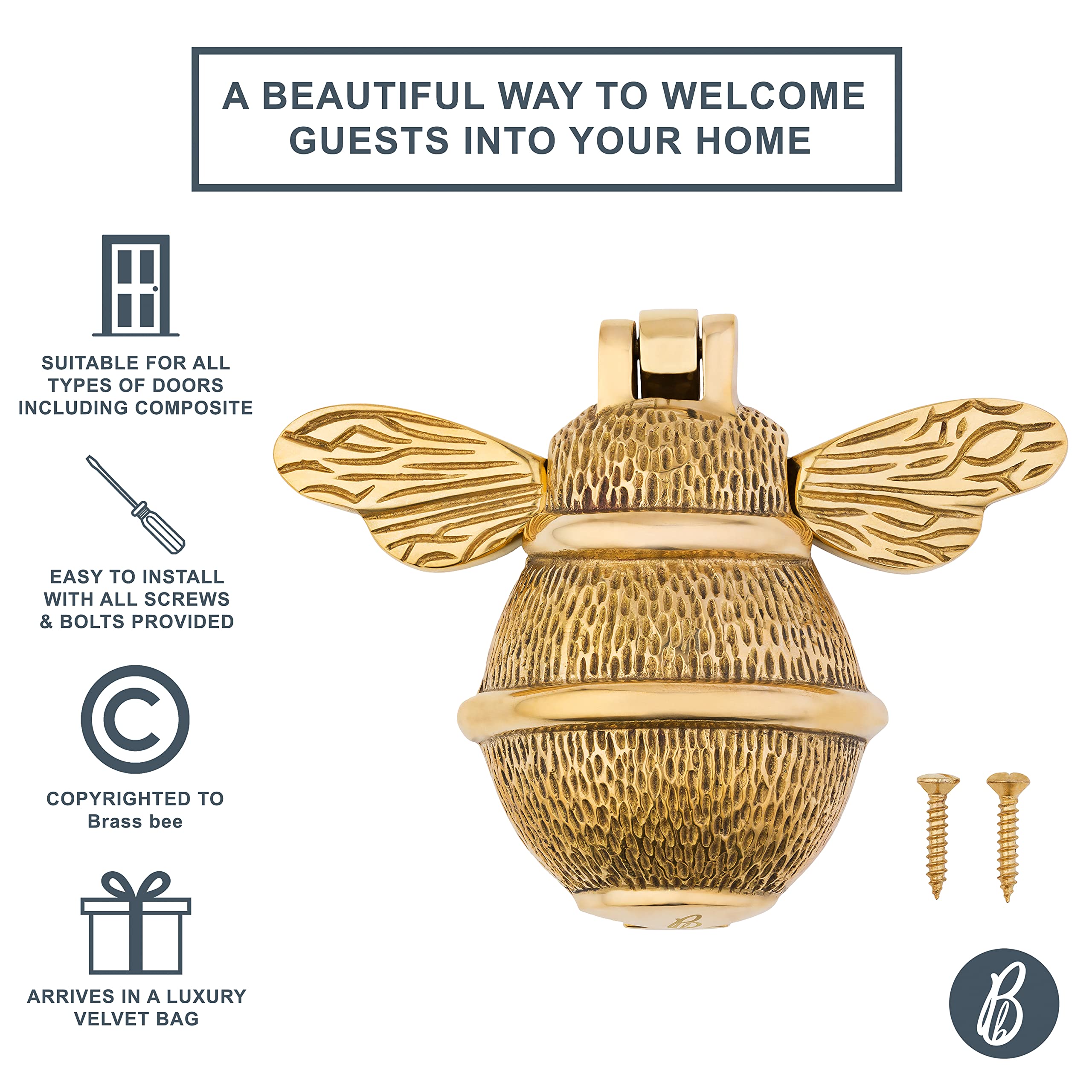 Gold Bee Heurtoir de porte d'entrée | Heurtoir en laiton massif poli doré avec plaque de gâche | UPVC | Meubles de porte d'entrée Bumblebee avec un design unique (laiton)