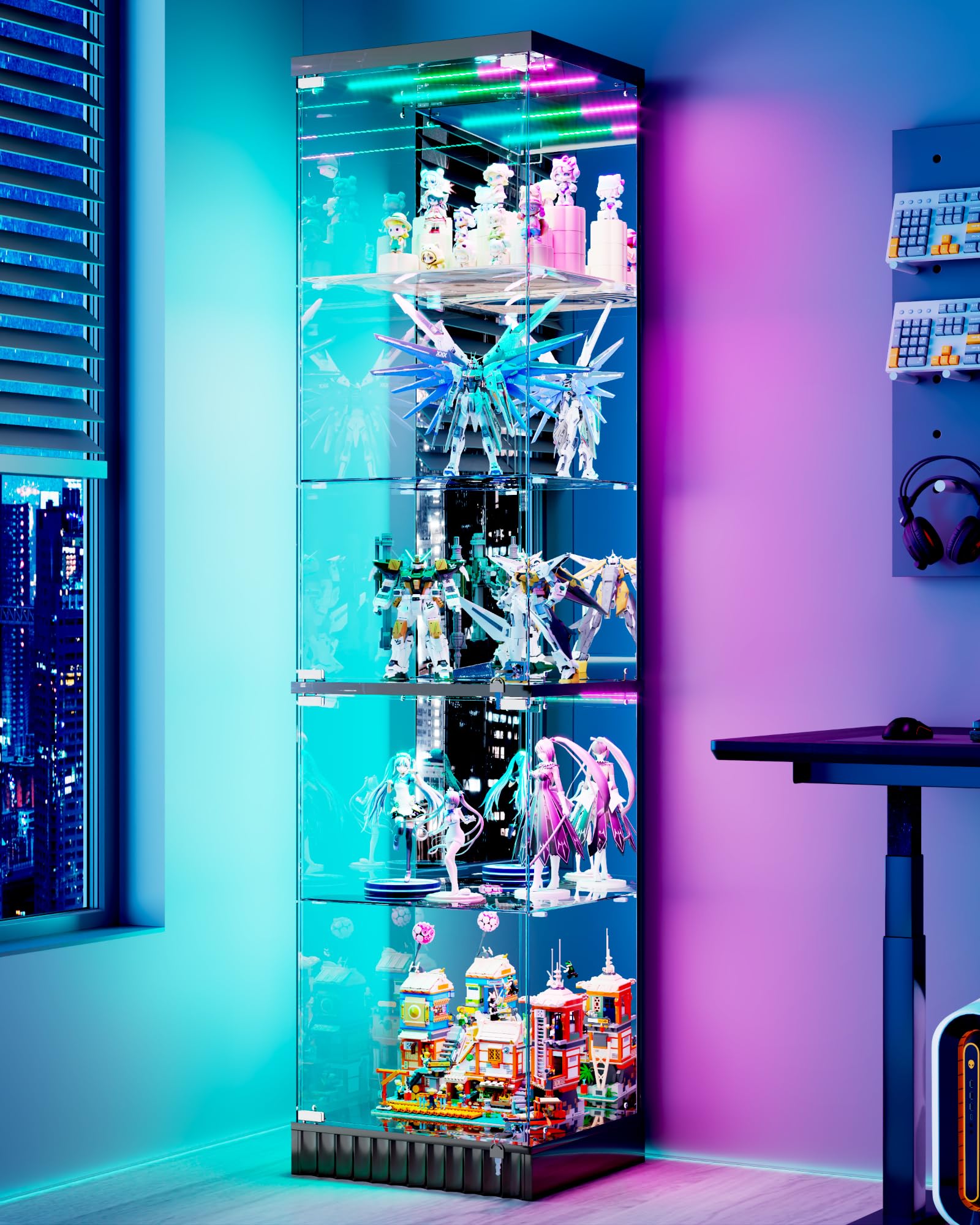 Lvifur Vitrine en Verre avec éclairage LED et tiroirs, vitrine Verticale avec capteurs intelligents, vitrine en Verre et Bois, vitrine de Collection à 5 Niveaux pour Objets de Collection, vin, Salon