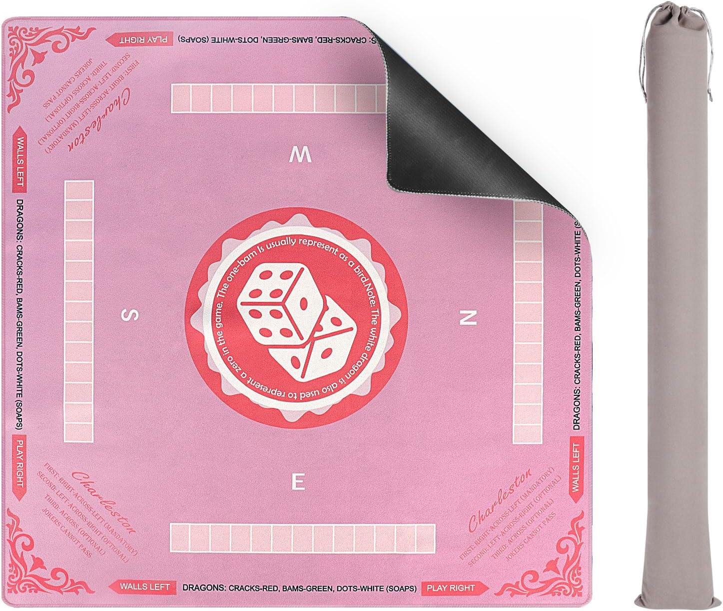 Mahjong Mat with Rules for Table, American Mahjong Table Mats Multi Purpose Anti Slip Noise Reduction Game Table Cover for Poker Card Dominoes Board Tile Games (Pink)